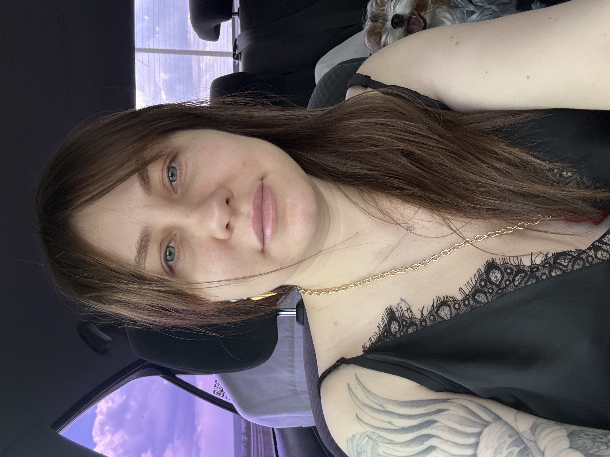 A selfie of a woman with brown hair and green eyes sitting in a car. She is wearing a black top with lace trim and a gold necklace. A small dog is visible behind her head. The sky outside the car window is light purple. The location is potentially Grushevskaya, Russia, though no visual elements confirm this.