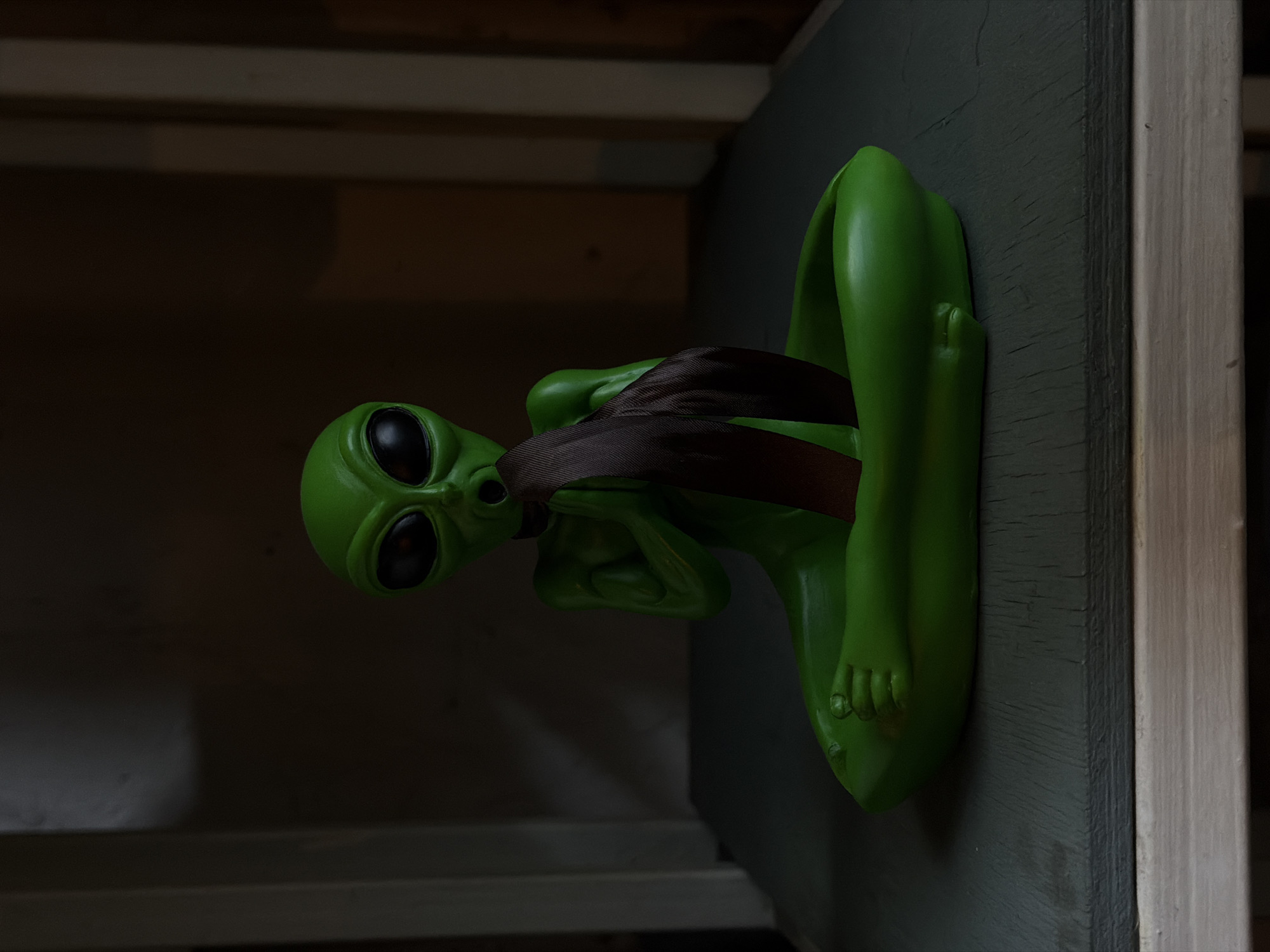 A green alien figurine is affixed to the side of a gray-painted wooden structure, possibly a shelf or door frame. The alien has large, black eyes, a brown strap across its chest, and is positioned in a crouching or sitting posture. It is located indoors. The specific location in Yerevan, Armenia, cannot be determined from the image alone.