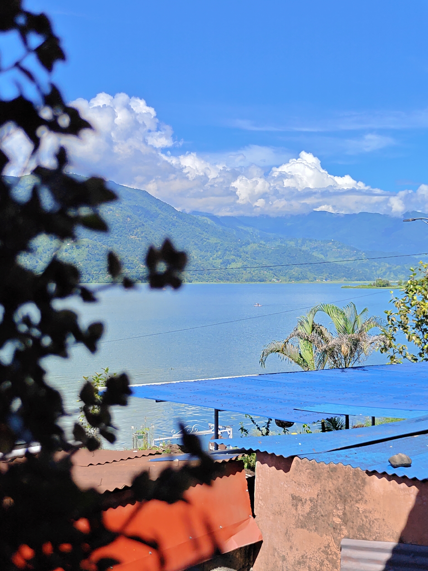 The image depicts a scenic view of Phewa Lake in Pokhara, Nepal, on a bright, sunny day. The foreground is dominated by the shadowy silhouettes of tree leaves and the corrugated metal roofs of buildings, one of which is painted a vibrant orange and another a rusty brown. Beyond these structures, a large, calm blue lake stretches out, reflecting the clear sky. In the distance, lush green hills and mountains form a dramatic backdrop, their slopes dotted with vegetation. The sky is a brilliant blue, adorned with fluffy white clouds. A small boat can be seen on the lake, suggesting recreational activity. A palm tree adds a tropical touch to the scene, its fronds partially obscuring the view of the distant mountains. The overall impression is one of natural beauty and tranquility.