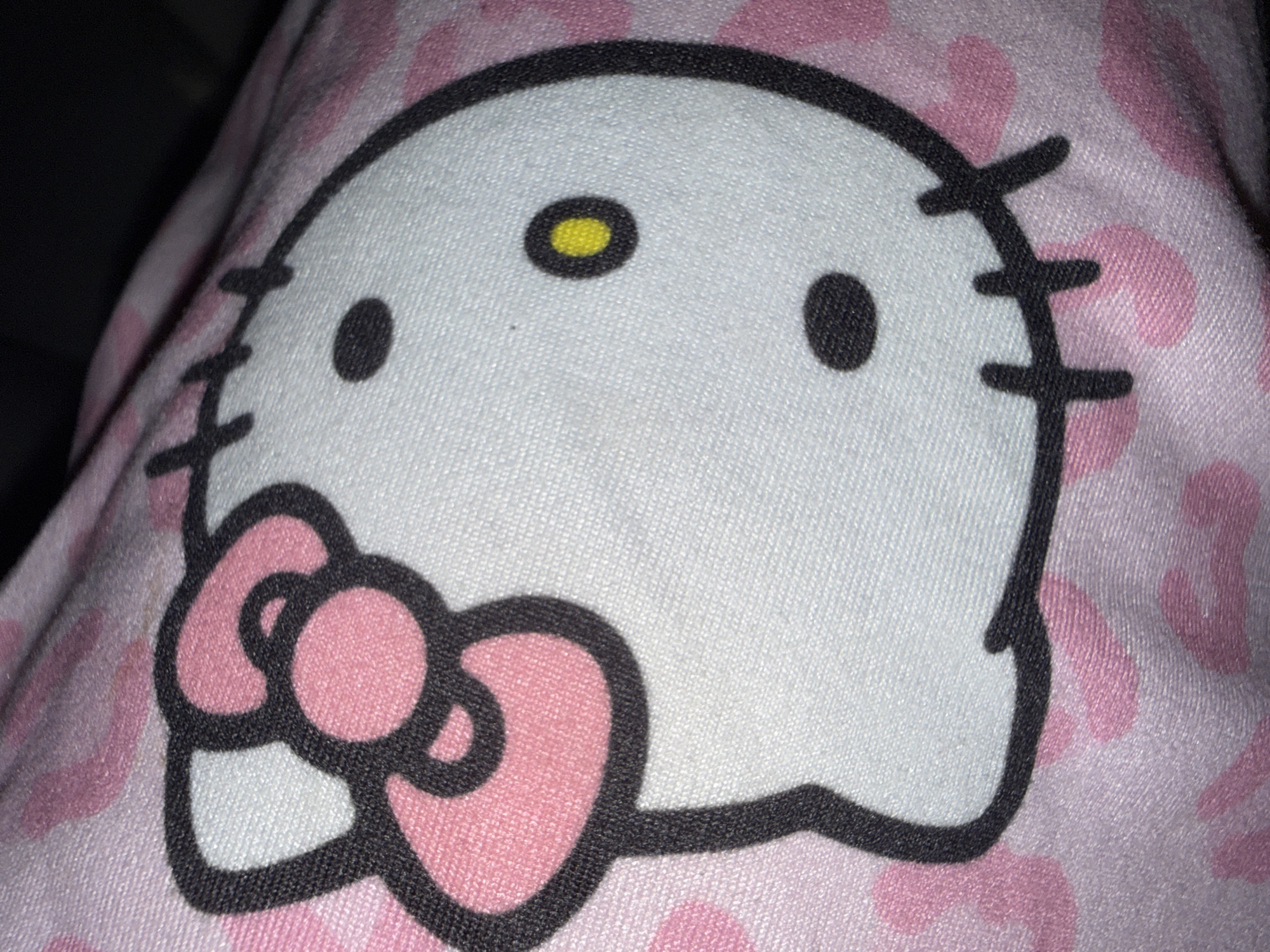 The image shows a close-up of a Hello Kitty face printed on pink fabric with a leopard print pattern. The Hello Kitty face is white with a pink bow, black eyes, a yellow dot on her cheek, and a black mouth made of three short lines. The fabric appears to be a soft material, possibly a blanket or clothing, and is folded, creating shadows and highlights. The context of Pamplona, Spain, is not evident from the image itself.