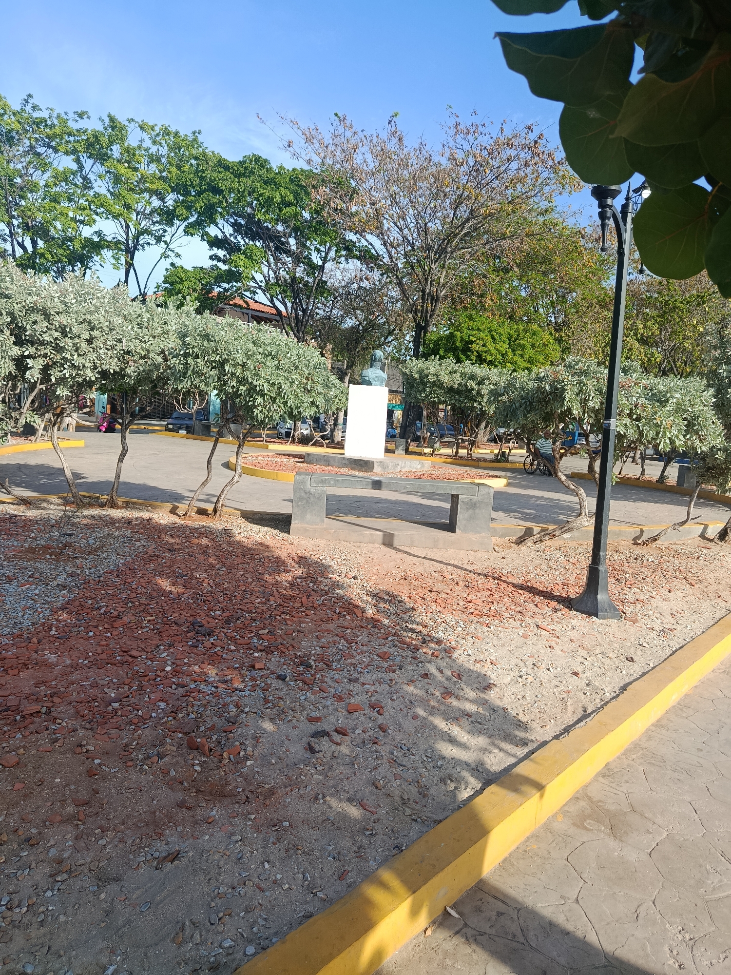 The image shows a park in Juan Griego, Venezuela, featuring a bust statue on a white pedestal in the background. Several trees with light green foliage are planted in designated areas separated by yellow curbs. A concrete bench sits in front of the bust. The foreground shows a patch of ground covered with scattered red bricks and gravel. A black lamppost is situated near the edge of this area. The sky is clear and blue. There are some individuals in the background on the park’s paved surface.