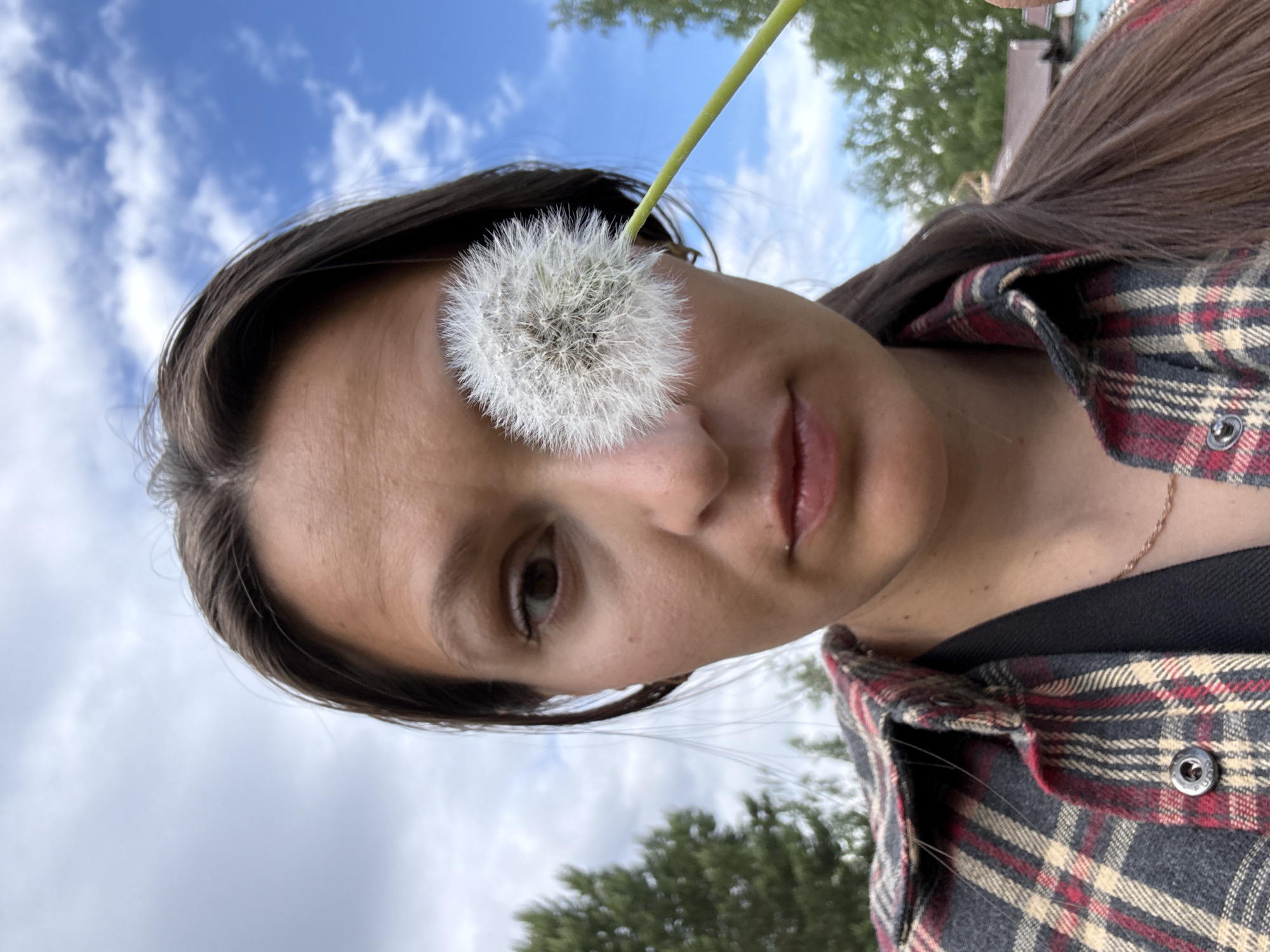 A person with long brown hair holds a dandelion in front of their right eye. The person is wearing a plaid shirt. The background shows a cloudy sky and green trees. The location is possibly in Chaikovsky, Russia.
