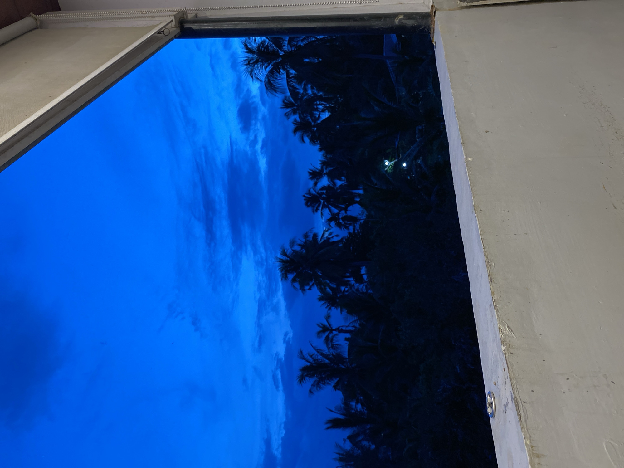 From a window indoors, a night scene in Keudeublang, Indonesia is viewed. Silhouetted palm trees against a deep blue sky suggest dusk or early night. The sky shows subtle cloud formations. The window frame is painted gray and shows some wear. Two indistinct bright spots are seen in the palm trees, potentially representing lights. No people are visible in the frame.