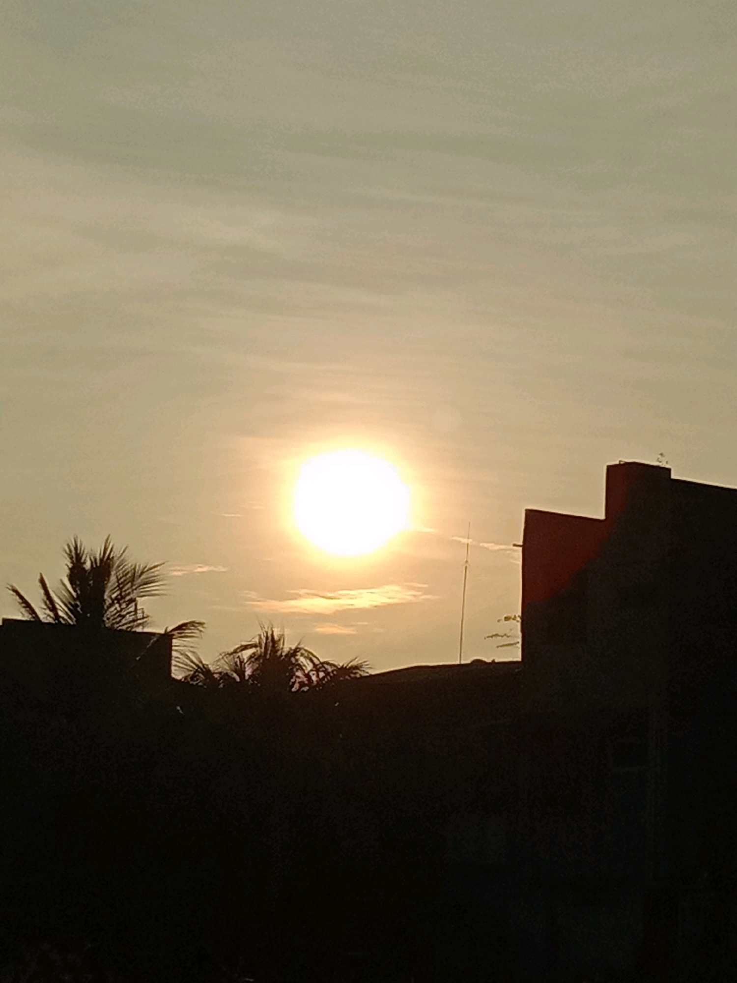 A vibrant, wide shot captures a bright sun setting over the city of Lhokseumawe, Indonesia. The sky is a soft yellow with a few wispy clouds scattered across it. The sun is a brilliant orb, almost white in its intensity, positioned in the upper left quadrant of the image. In the foreground, silhouetted against the sunset, are the dark shapes of palm trees and buildings. One building, a dark, angular structure, is on the right side of the frame, its red facade barely visible through the dark silhouette. A thin, tall antenna stands near the building. The overall impression is one of a tranquil evening in a tropical city.