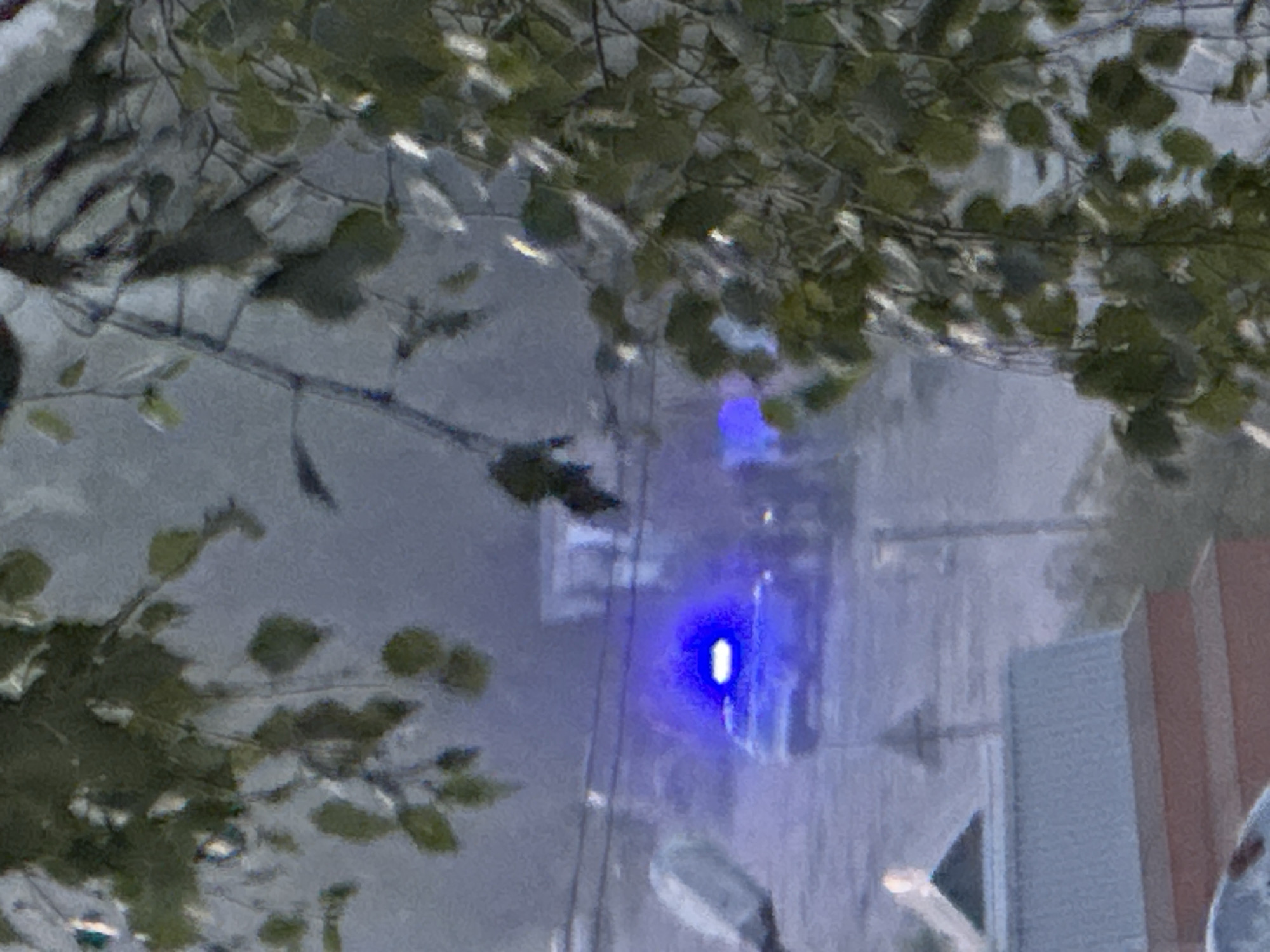 A car with blue flashing lights is visible on a street in Plesetsk, Russia. The scene is obscured by trees in the foreground. A building with a red roof and silver siding is also visible. The overall atmosphere is hazy and appears to be dark.