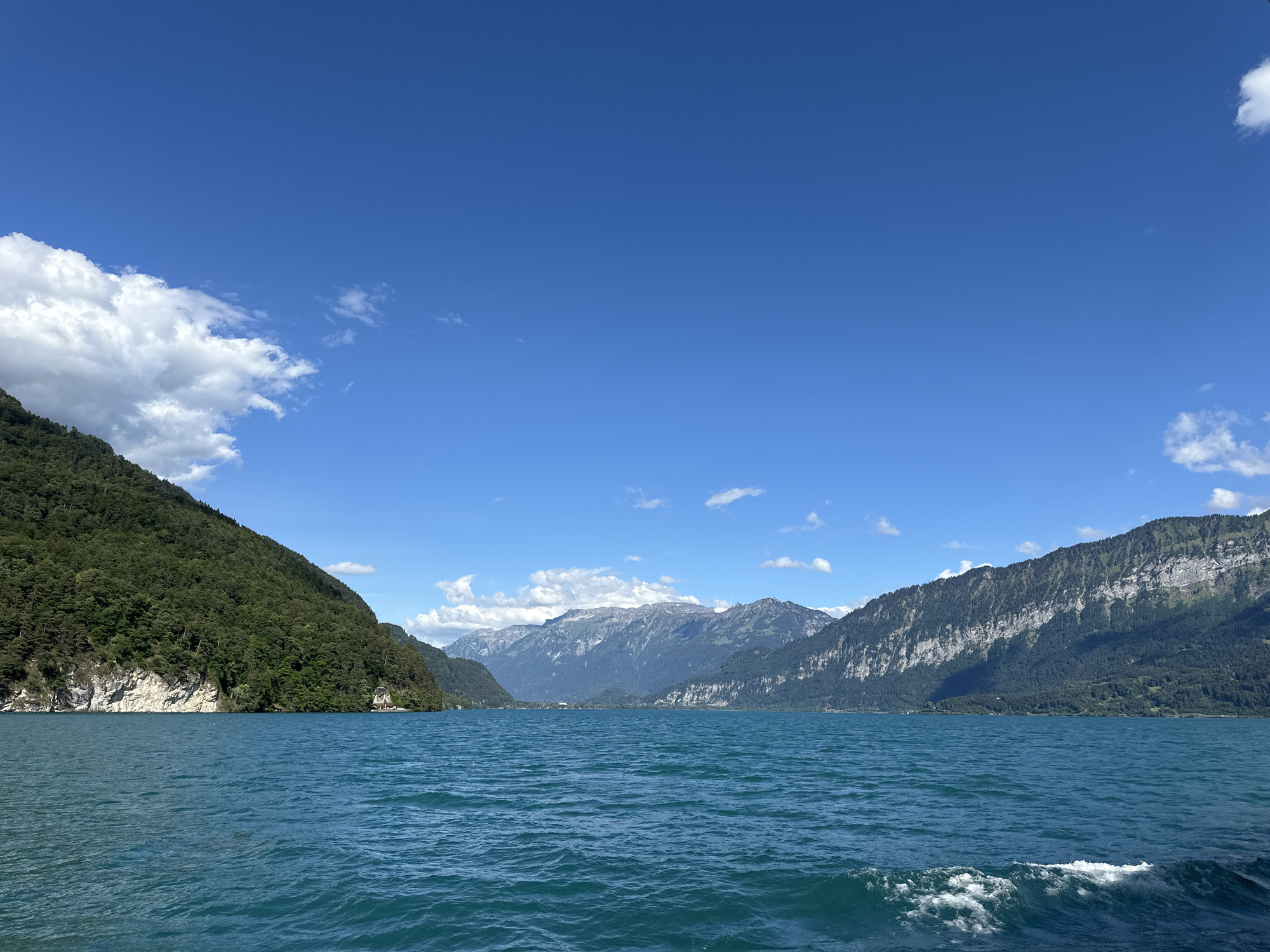 An expansive shot captures a vibrant turquoise lake in the foreground, its surface rippling under a clear blue sky dotted with a few wispy white clouds. Majestic, tree-covered mountains rise from the opposite shore, their steep slopes casting shadows across the water. The landscape suggests a location in or near Beatenberg, Switzerland, known for its stunning alpine scenery. The scene is serene and untouched, with no people or man-made structures immediately visible on the water or along the mountain slopes. The overall impression is one of natural beauty and tranquility, typical of a mountain lake in Switzerland.