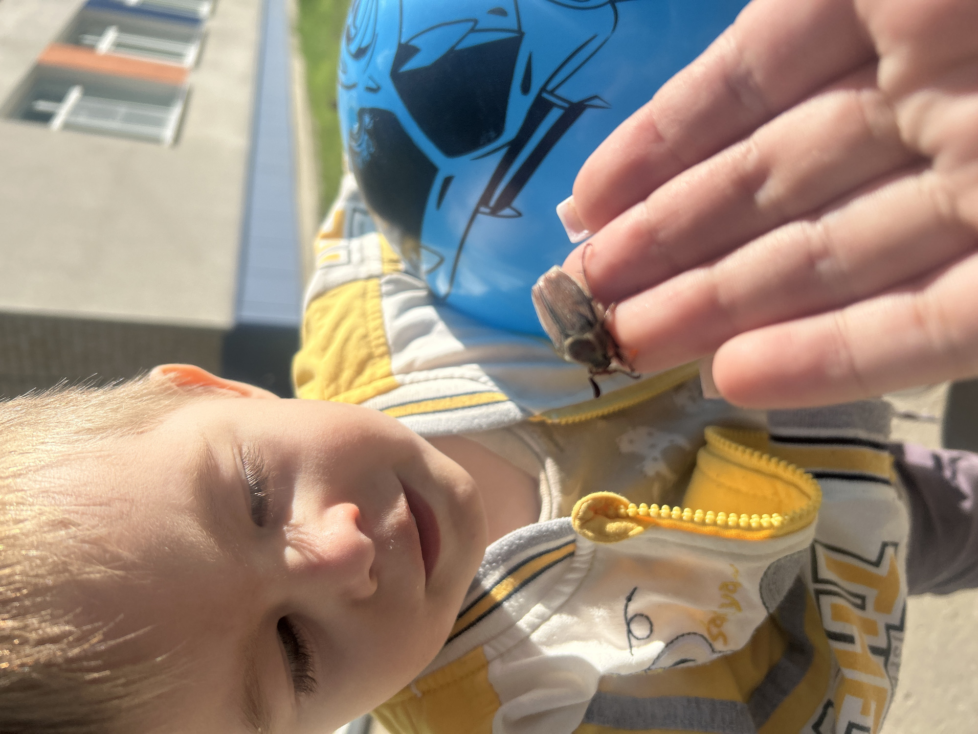 A child lies on their back outdoors, wearing a yellow and white striped jacket over a white t-shirt with a cartoon design. Beside the child is a blue balloon with a black cartoon design. An adult hand with manicured nails extends into the frame, with a brown beetle perched on one finger. The background includes a multi-story building with white, grey, and orange panels. The location is possibly Chaikovsky, Russia.