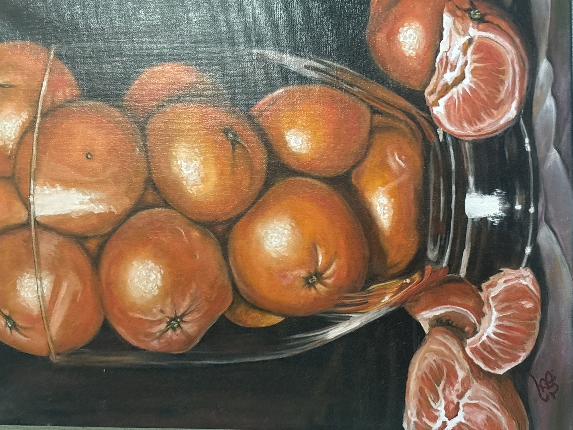 This is a still life oil painting featuring a glass vase filled with clementines. Several peeled clementine segments are arranged in front of the vase. The background is dark and textured, creating a contrast with the bright colors of the fruit. The painting is signed by an artist with the initials "FB" in the lower left corner. There are no people or specific urban details depicted in the image.