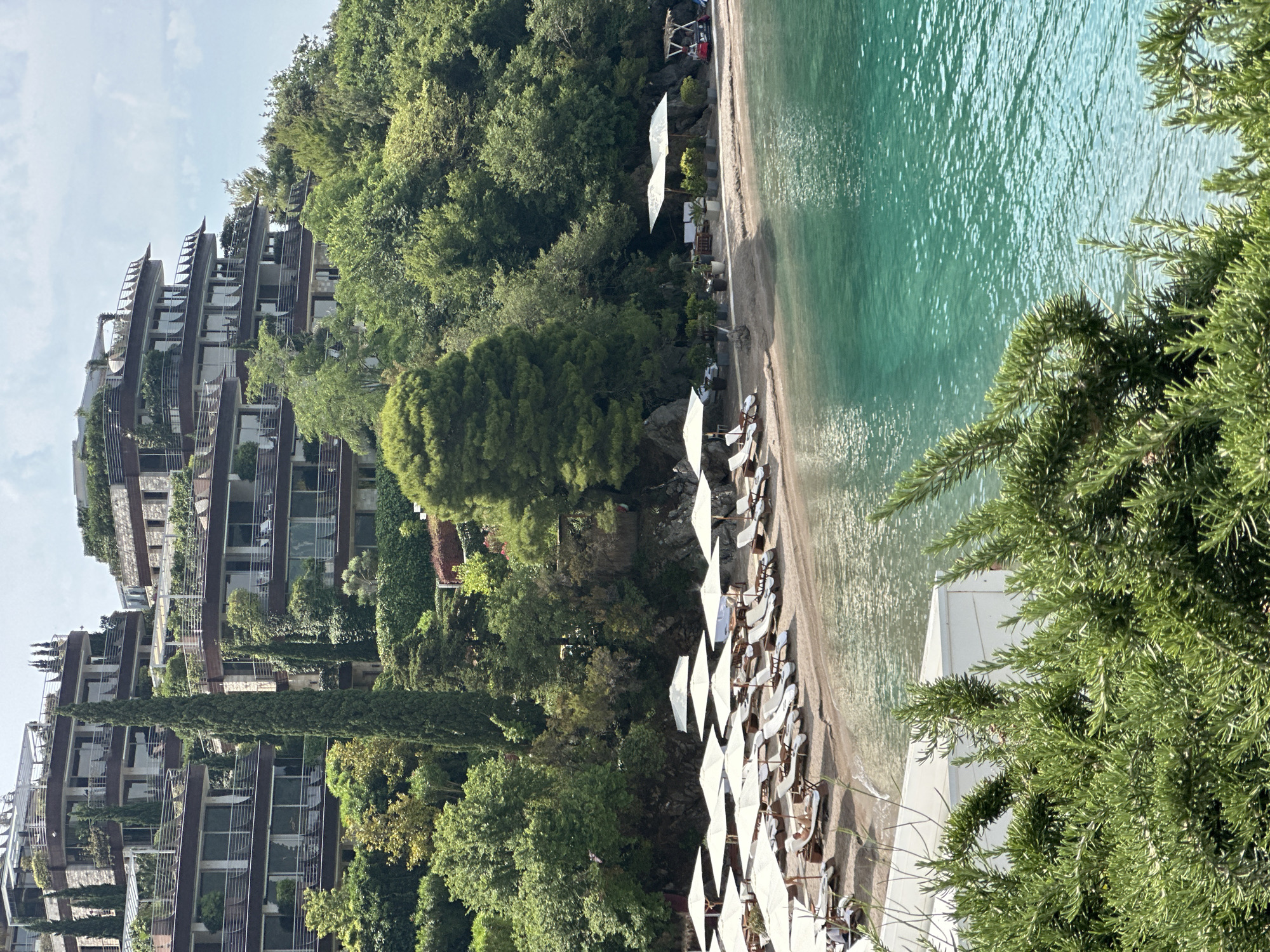 The image shows a luxury resort complex built into a hillside overlooking a tranquil, turquoise bay. The resort features tiered architecture with modern balconies, extensive greenery, and what appear to be private terraces. Below the resort, a manicured beach is laid out with numerous white lounge chairs and umbrellas, suggesting a high-end vacation destination. The water is crystal clear, with gentle ripples reflecting the sunlight. In the foreground, lush green foliage partially obscures the view, adding to the sense of natural beauty and privacy. The scene is consistent with upscale beachfront properties in areas like Budva, Montenegro, known for its scenic coastline and resort amenities. There are no visible people actively engaged in any action, but some lounge chairs appear occupied. The overall impression is one of serenity and luxurious relaxation.