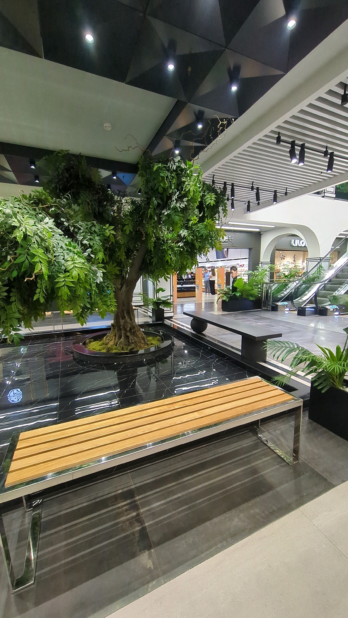 The image captures an indoor environment, possibly a shopping mall or a modern public space. In the foreground, a sleek bench with a wooden slatted seat and polished chrome legs rests on a dark tiled floor. Behind the bench, a large artificial tree with lush green foliage is centered within a circular water feature lined with black marble. The water reflects the overhead lighting and the tree itself. The ceiling features an intricate geometric design with recessed lighting. Further in the background, escalators ascend, and storefronts are visible. A few people are present, appearing to browse or walk through the space. The overall aesthetic is contemporary and clean. This scene is located in the vicinity of the Shopping Malldova Park, which is in Chișinău, Moldova.