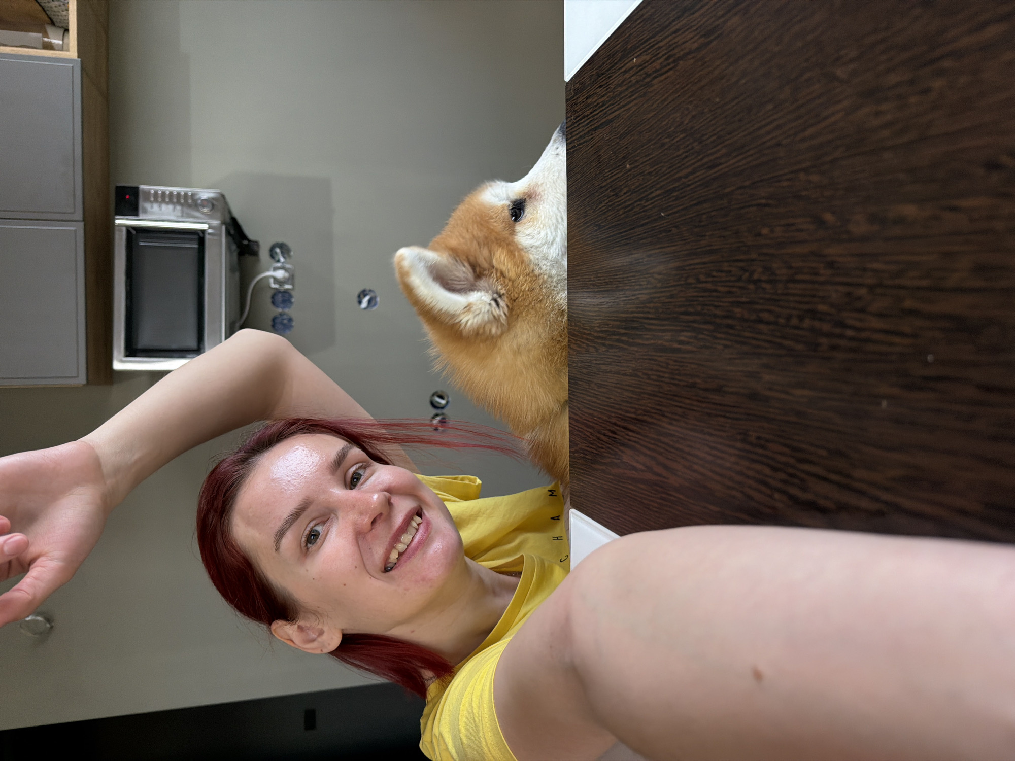 An indoor scene captures a joyful moment between a woman and a dog, set in what appears to be a home kitchen. The image is a selfie or taken from a low, slightly tilted perspective.
The primary subject is a young woman with reddish-brown hair, seen from the chest up, smiling broadly at the camera. She is wearing a bright yellow t-shirt, on which some dark letters, possibly "M" and "A" as part of a larger word like "CHAMPION", are visible on her right shoulder area. Her expression conveys happiness and warmth. Her right arm is raised above her head, while her left arm is partially visible on the lower right side.
Peeking from behind a dark brown wooden surface on the right side of the frame is the head of a dog, likely a Shiba Inu, with characteristic orange and white fur. The dog's eye is visible, and it appears to be curiously looking up or into the scene.
The background reveals a kitchen or utility space with light grey walls. To the left, there are light grey cabinets, and a built-in oven or microwave with a metallic finish and control panel is installed in the wall. Electrical outlets and wiring are visible near the appliance. The overall mood is lighthearted and playful. The event appears to be a candid, happy interaction captured indoors, likely during the daytime. The location context provided is Chaikovsky, Russia.
