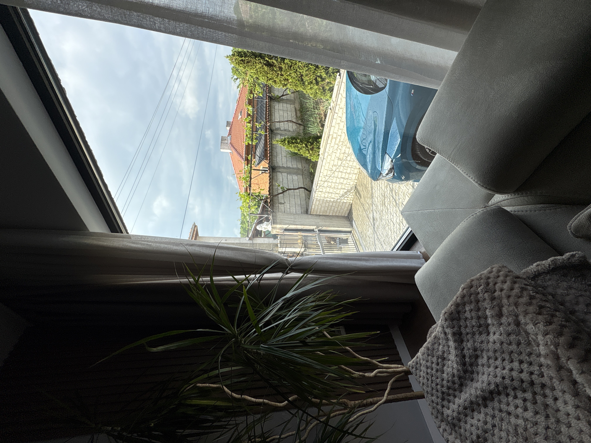 The image shows an interior view looking outward through a window. Partially visible outside is a blue car, a section of a building with an orange tile roof, and greenery. The interior contains a gray upholstered couch and a houseplant with spiky leaves. The location is likely in Dolno Drianovo, Bulgaria, but this cannot be definitively confirmed from the image. No people are visible.