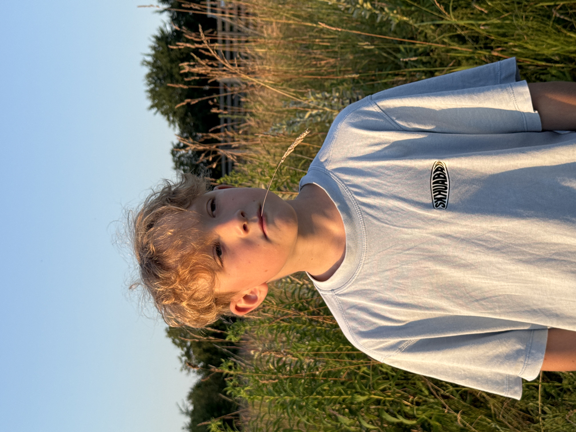 A young boy with blond, curly hair stands in a field of tall grass and weeds. He is wearing a light blue t-shirt with a black and white oval logo on the left side of his chest. A blade of grass is held between his teeth. The sun is low in the sky, casting a warm glow on the scene. The background consists of trees and a fence. The image appears to have been taken in Carnikava, Latvia.