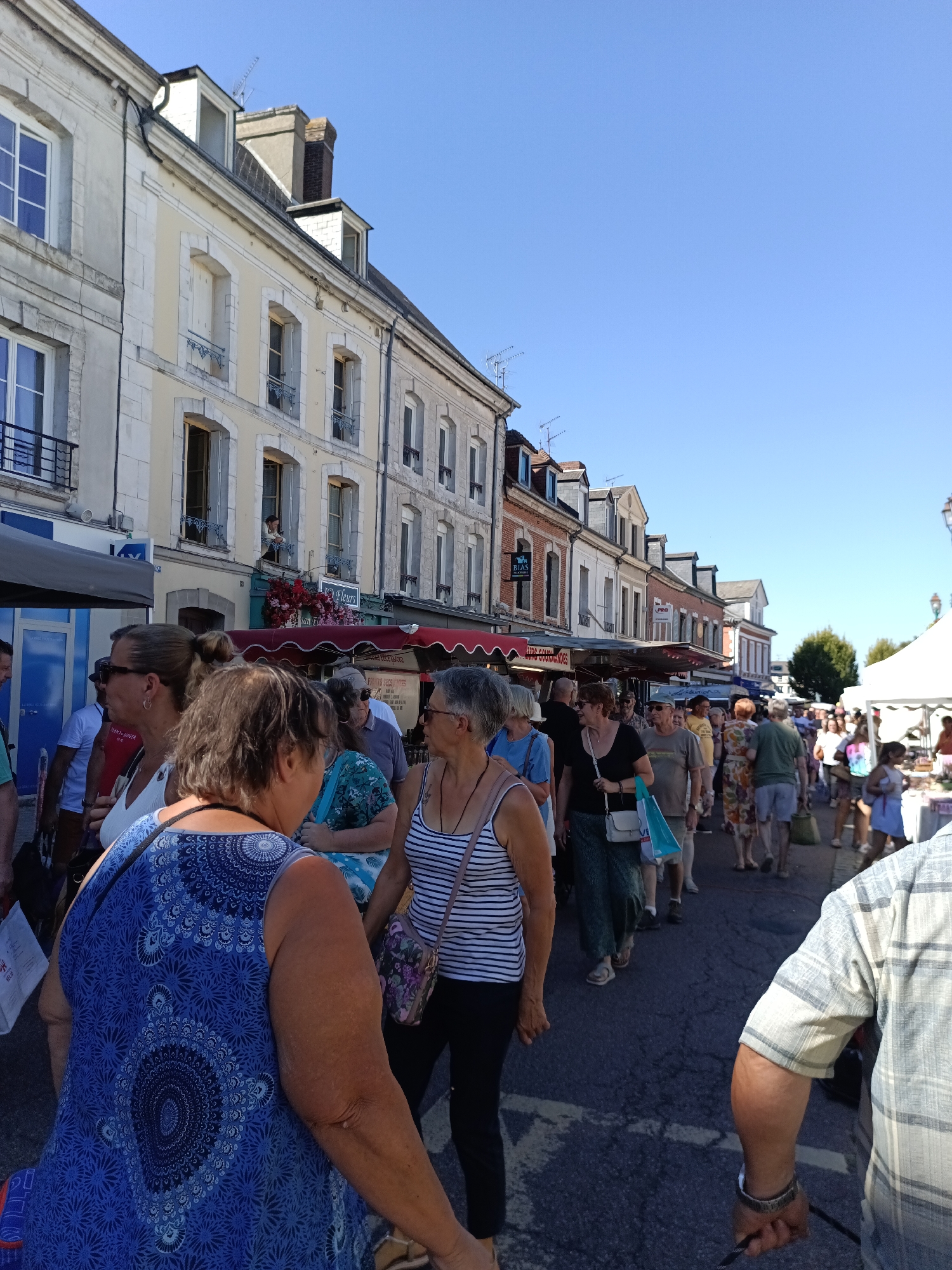 The image depicts a bustling outdoor market scene on a sunny day in Le Neubourg, France. A crowd of people is walking down a street lined with buildings and market stalls. In the foreground, a woman in a blue patterned dress is visible from the back. To her left, another woman in a striped top and black pants is also facing away from the camera. More people are seen walking in the midground, some browsing at stalls, and others chatting amongst themselves. The buildings in the background have traditional French architecture with multiple windows and balconies. Market tents and awnings are set up along the street, displaying various goods. The sky is clear and blue, indicating good weather.