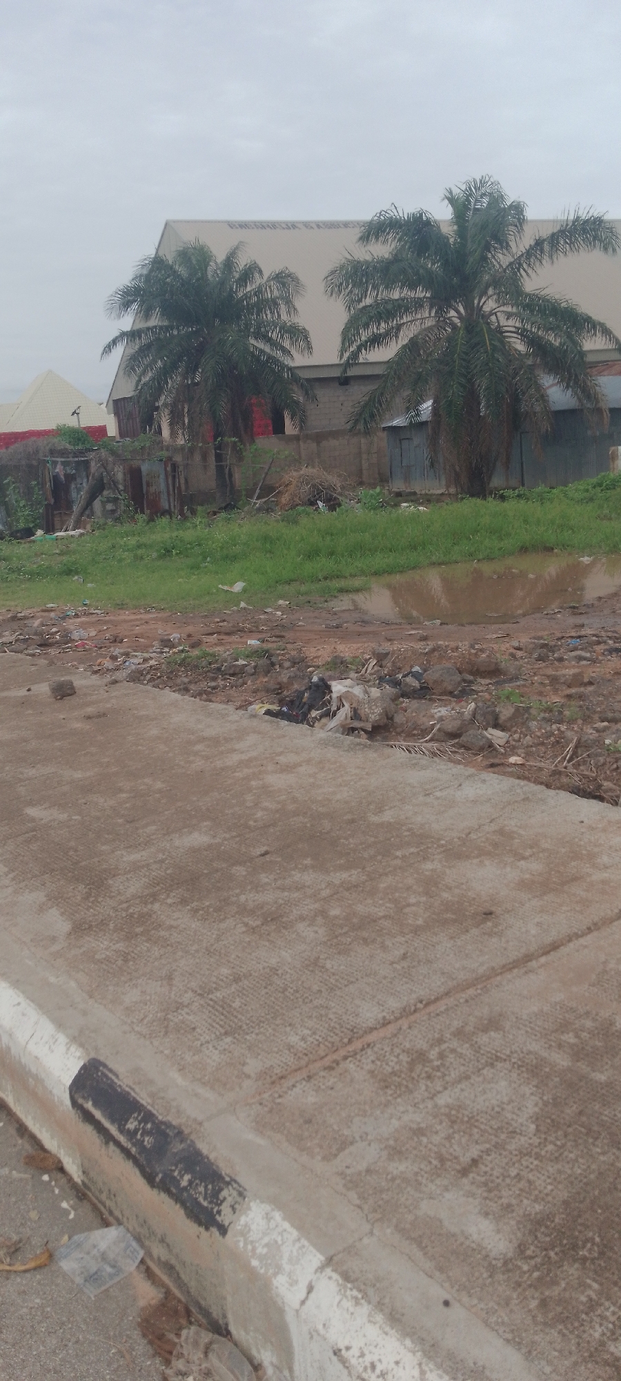 The image depicts an outdoor scene in Jalingo, Nigeria. In the background, there are two palm trees in front of a long, light-colored building with a dark roof. Text appears to be present on the roof, though it is not legible. To the left of the building, a lighter-colored, peaked structure is visible.
The middle ground features a grassy area with some scattered debris, including what appears to be dried vegetation and pieces of metal. A muddy puddle is also present in this area.
The foreground consists of a concrete surface, possibly a road or pathway, with a painted curb at the edge. The curb is white with a black painted section. Debris, including plastic bags and rocks, is scattered along the edge of the concrete and in the dirt and grass bordering it. The sky is overcast.