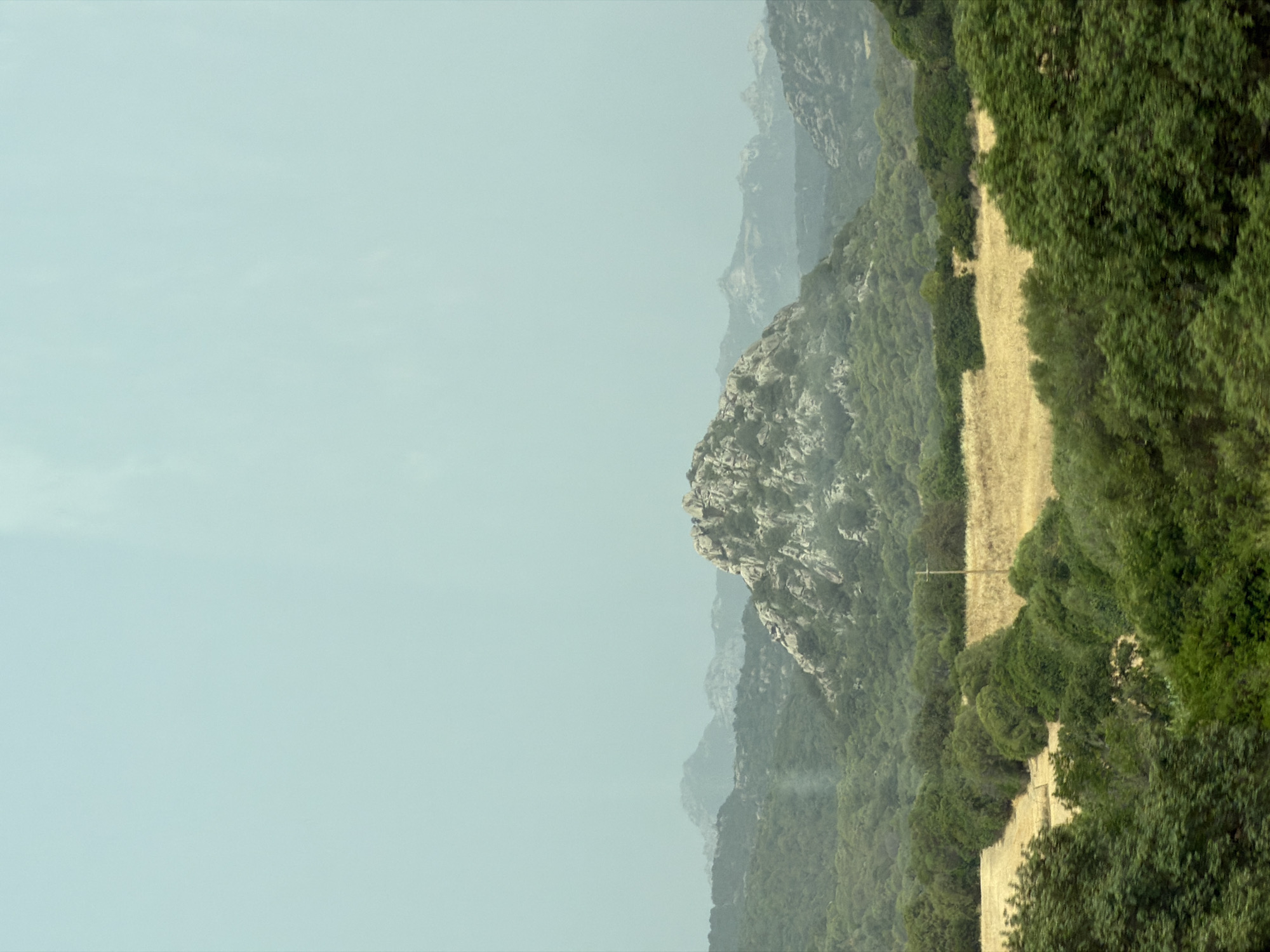 The image depicts a rugged, hilly landscape under a hazy, light blue sky. In the mid-ground, a prominent, rocky hill with a craggy summit rises above a dense, green forest. The foreground is filled with lush, dark green foliage, interspersed with areas of dry, golden-yellow grass. A thin, wooden utility pole stands near the center of the frame, rising from the grassy field. The background shows a series of more distant, muted hills and mountains, also covered in vegetation, fading into the atmospheric haze. The overall scene suggests a rural or natural environment, possibly an area just outside of a city, though no urban structures are directly visible. The scene is devoid of any people or animals.