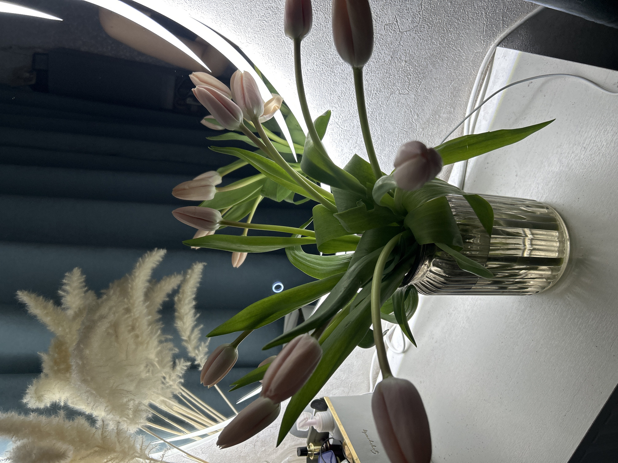 A bouquet of pink tulips in a fluted glass vase sits on a light-colored surface. The scene is illuminated by a ring light, reflected in a dark background. A pampas grass arrangement is visible in the background on the left. A small box and a bottle with a pump are partially visible in the foreground. No people are visible. No specific indication of the location being in Klin, Russia, is present in the image.