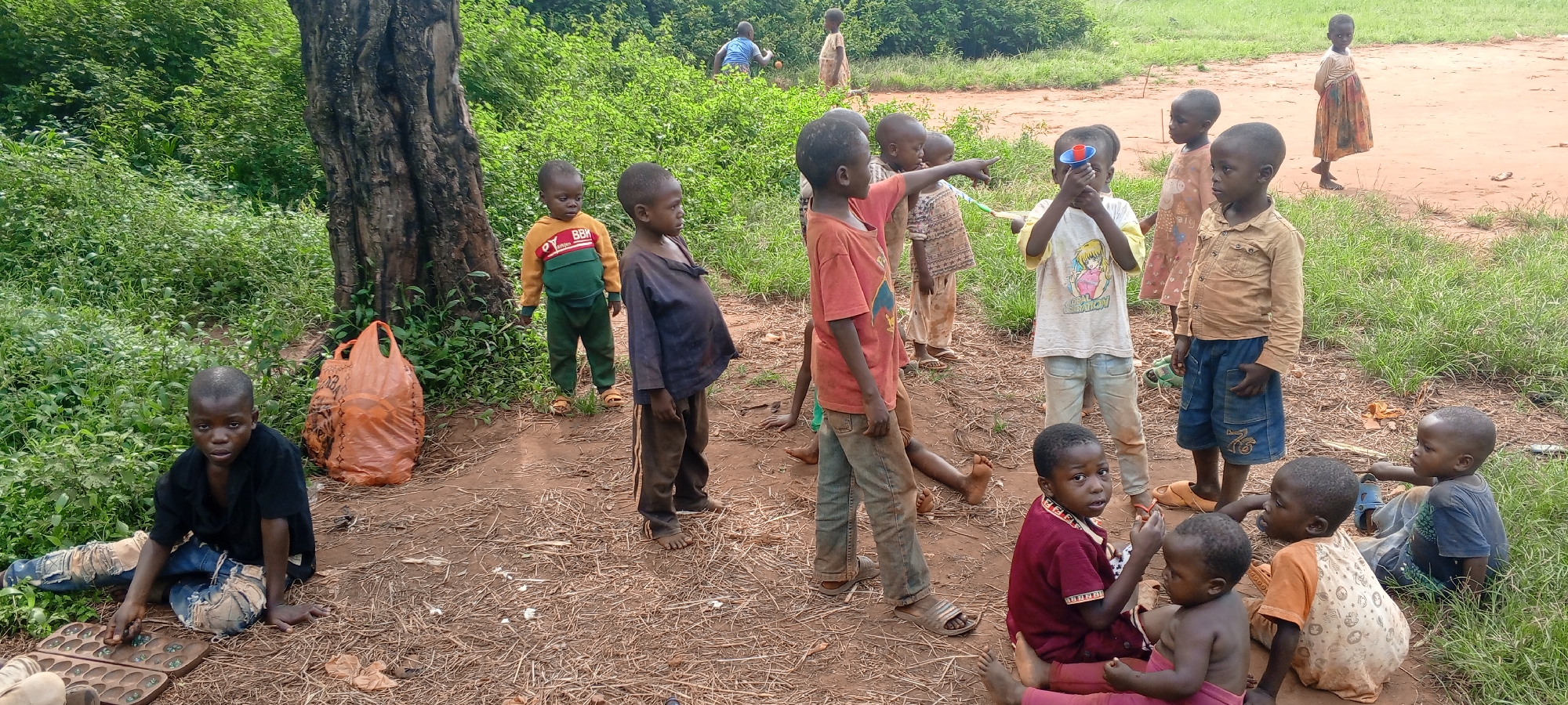 A group of children are gathered in an outdoor, rural setting in Ngalula, Democratic Republic of the Congo. Most of them are standing, while a few are sitting.
The ground is primarily dirt and sparse grass. A large tree is positioned on the left side of the image, next to a seated child playing a game with a wooden board and small objects. A plastic shopping bag sits next to the tree. Several other children are in the background, partially obscured by foliage. Some of the children are barefoot, while others wear sandals. One child holds a small, blue object, possibly a toy.