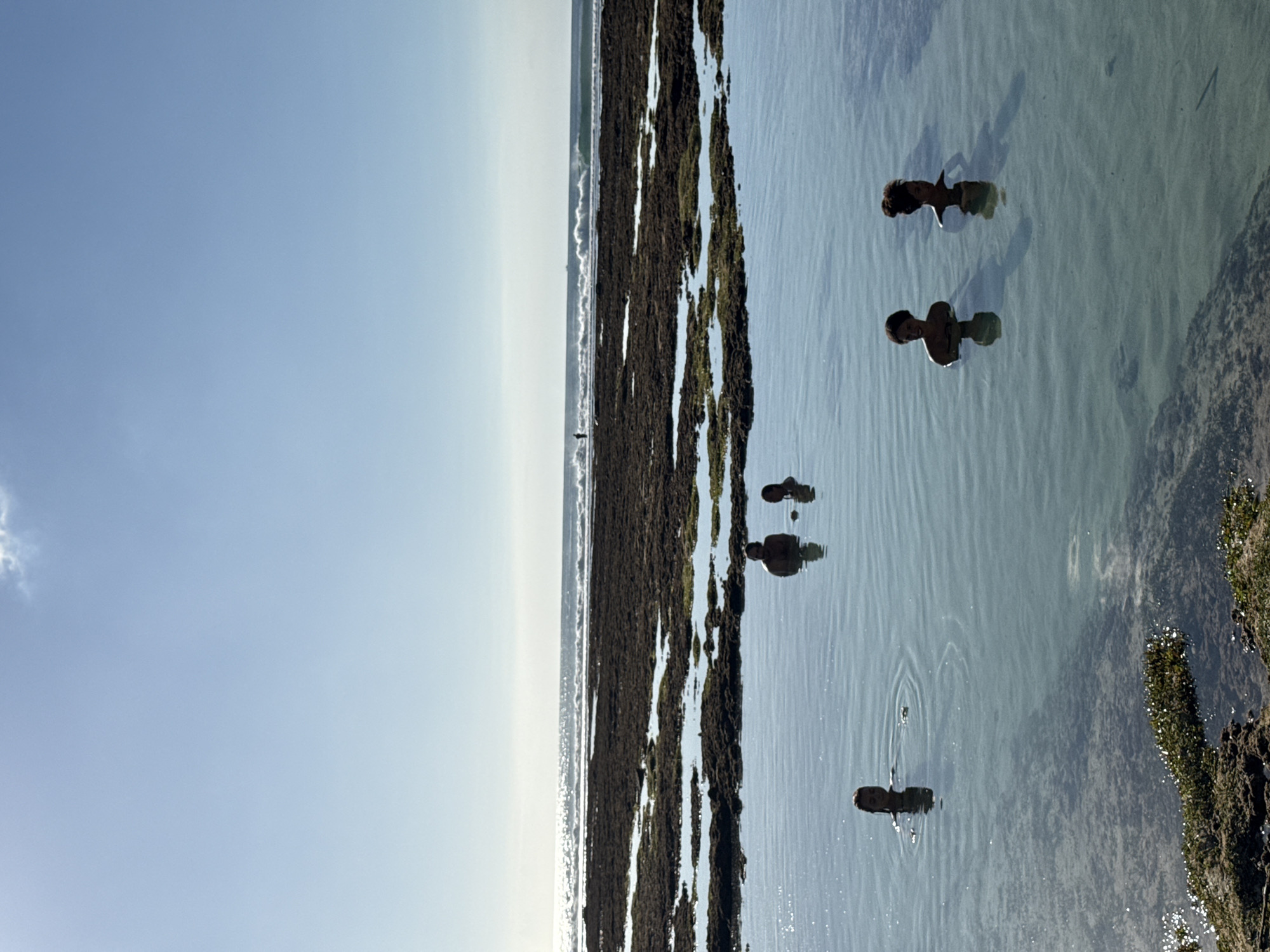 The image captures a serene coastal scene under a bright, clear sky, likely in Kuta Selatan, Indonesia. The perspective is oriented vertically, showing a wide expanse of light blue sky on the left, transitioning to a distant horizon line.
In the midground and foreground, a body of clear, calm water extends from the right side of the frame, bordered by dark, rugged, moss-covered rock or reef formations. These formations run vertically through the image, creating natural channels and pools of water.
Several individuals are visible in the water, appearing to swim or wade. Two people are prominent in the midground, with their heads and shoulders emerging from the reflective surface. Their silhouettes and reflections are clearly visible, suggesting shallow depths. Further away in the water, additional figures or objects create small dark shapes, implying more activity or features in the distance.
The lighting is bright, indicative of full daylight, possibly morning or late afternoon, creating soft reflections on the water and highlighting the textures of the dark rock formations. The water itself appears translucent, revealing parts of the submerged rocky seafloor. No visible text is present in the image. The overall atmosphere conveys peace and leisure in a natural, marine environment.