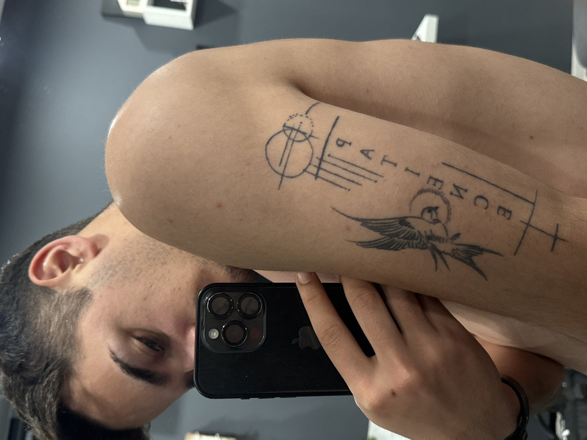 A fair-skinned man is visible in the image, holding a black smartphone with multiple camera lenses. He appears to be taking a selfie in a bathroom setting, as indicated by the mirror. The man has short dark hair and is clean-shaven.
The man's left arm is prominently featured and has multiple tattoos. The tattoos include geometric shapes, the word "PATIENCE" written vertically, a bird in flight, and a cross.
The background is out of focus but seems to include a dark wall and a white object mounted on it.
It is not possible to determine the location within Sofia, Bulgaria, from the provided image.