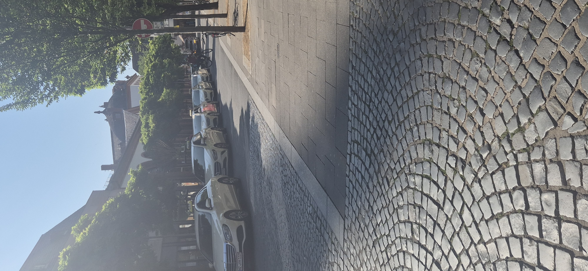A line of white taxis are parked on a street in Mainz, Germany. The taxis are all Mercedes-Benz sedans, and they are all facing in the same direction. The street is paved with cobblestones, and there are trees on either side of the street. There is a building in the background, which appears to be a historic building. A person is riding a bicycle in the distance. The sky is clear and blue.