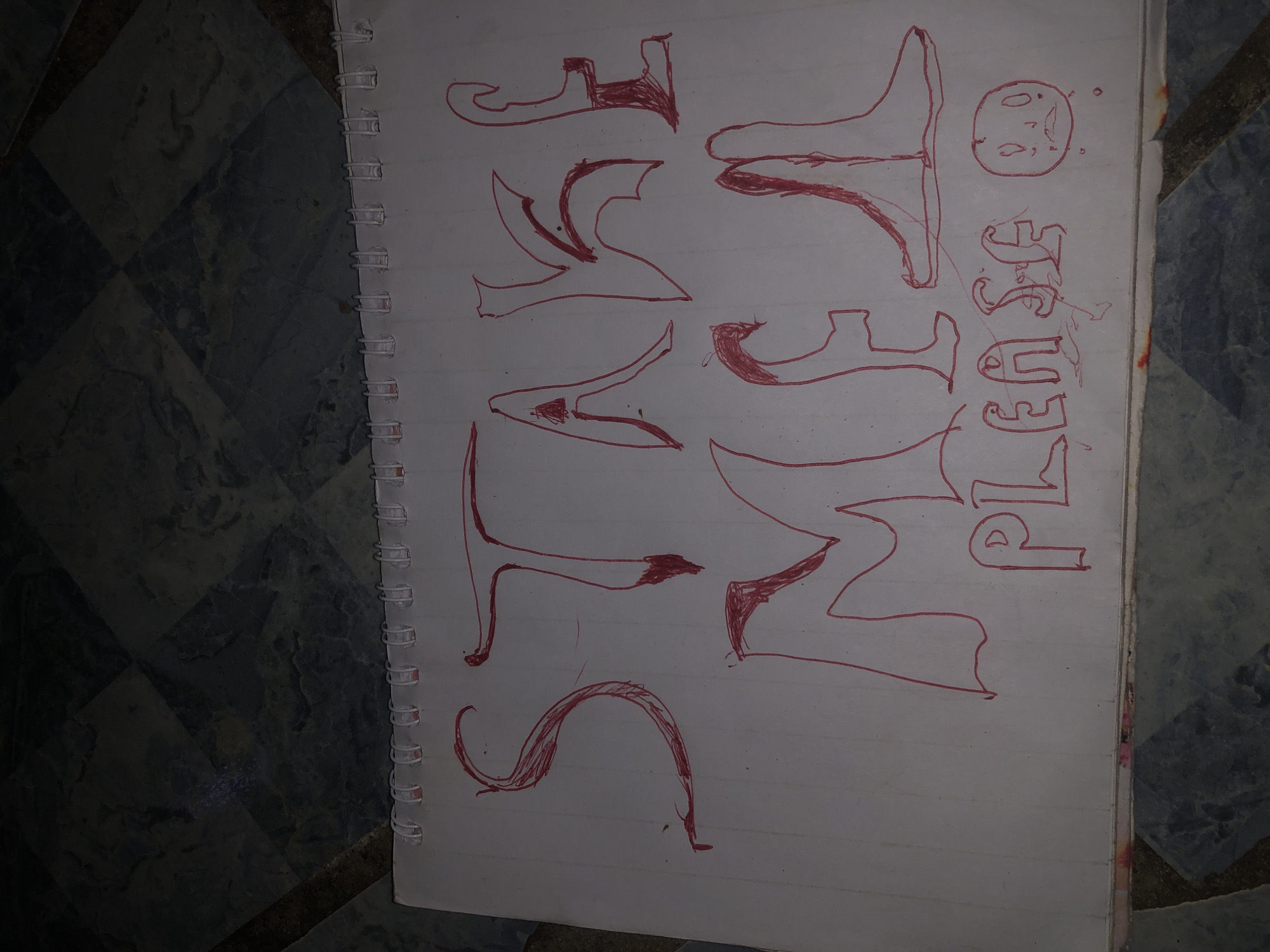 The image is a close-up, eye-level shot of a spiral-bound notebook page with red marker drawings. The notebook is positioned on a dark, tiled surface, possibly a floor or tabletop, with a diamond pattern. The page itself is white and shows the text "STAKE ME PLEASE" in large, blocky, hand-drawn red letters. Below "PLEASE", a crudely drawn face with wide, downturned eyes and a frowning mouth is depicted. The lettering style is informal and somewhat messy, with some letters appearing to have shading or scribbling within them. The overall impression is that of a child's drawing or a casual sketch. The image does not contain any identifiable landmarks or contextual clues that would place it in Ado, Nigeria, or any other specific city.