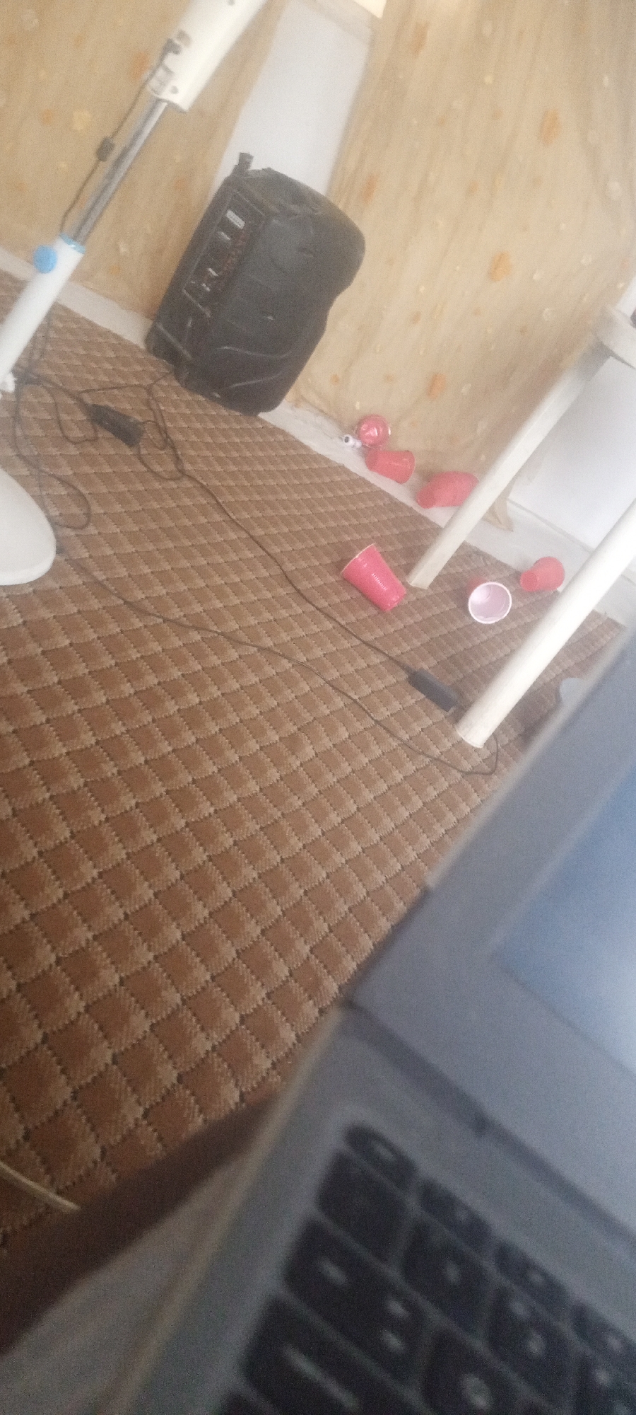 The image shows a floor covered with a brown, patterned rug. There are several red and pink plastic cups scattered around the floor. A black speaker is positioned near a white, adjustable floor fan. A white table leg is also visible. In the foreground, a laptop is present, obscuring a significant portion of the scene. The location is a room, but the specific city and state, or any other contextual information, is unknown.