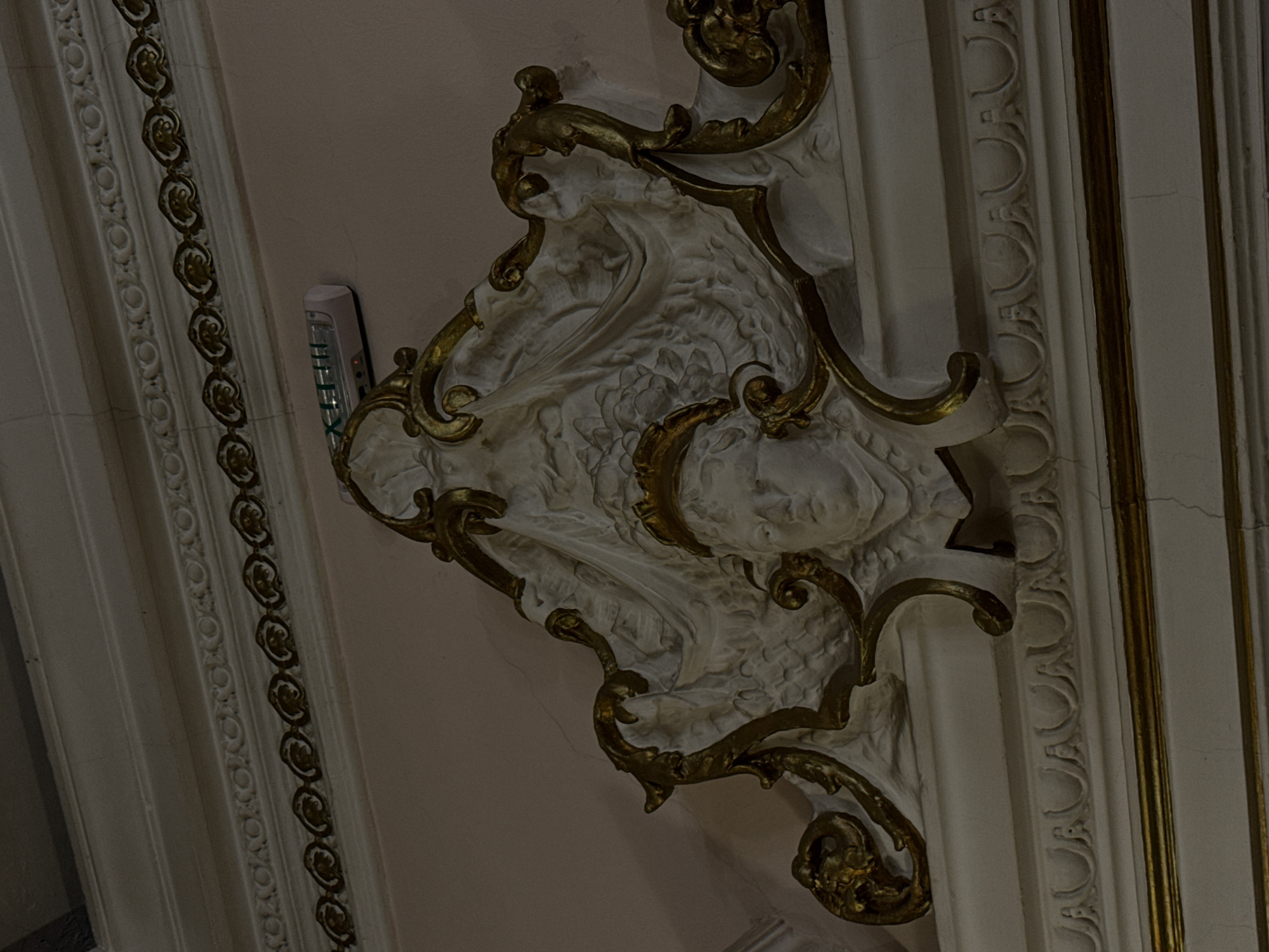 This image captures a close-up of an ornate architectural detail on an interior wall or ceiling, likely within a historic building in Sofia, Bulgaria. The central subject is a highly decorative white plaster or stucco relief, featuring intricate, fluid, and organic sculptural forms, possibly stylized foliage or abstract motifs, characteristic of Baroque or Rococo design. This textured white ornamentation is framed and accentuated by elaborate gilded scrollwork and curvilinear accents that stand out against the pale background.
On either side of the central decoration, vertical architectural elements, appearing as sections of columns or pilasters, are visible. These feature alternating bands of delicate white relief patterns, such as repeated ovals or semicircles, and continuous gilded trim, contributing to the overall opulent aesthetic. The surrounding wall surfaces are a muted, pale tone, exhibiting fine cracks indicative of age.
A small, modern white electronic device, possibly a sensor or utility light, is mounted on the wall to the upper left of the main ornamentation. It has a visible green light or display and bears the partially legible text "YEX" on its side, presenting a stark contrast between contemporary functionality and historical grandeur. The scene is lit by dim, soft lighting, which emphasizes the deep shadows and the three-dimensional depth of the intricate carvings. The photograph is taken from a low, upward-looking perspective.