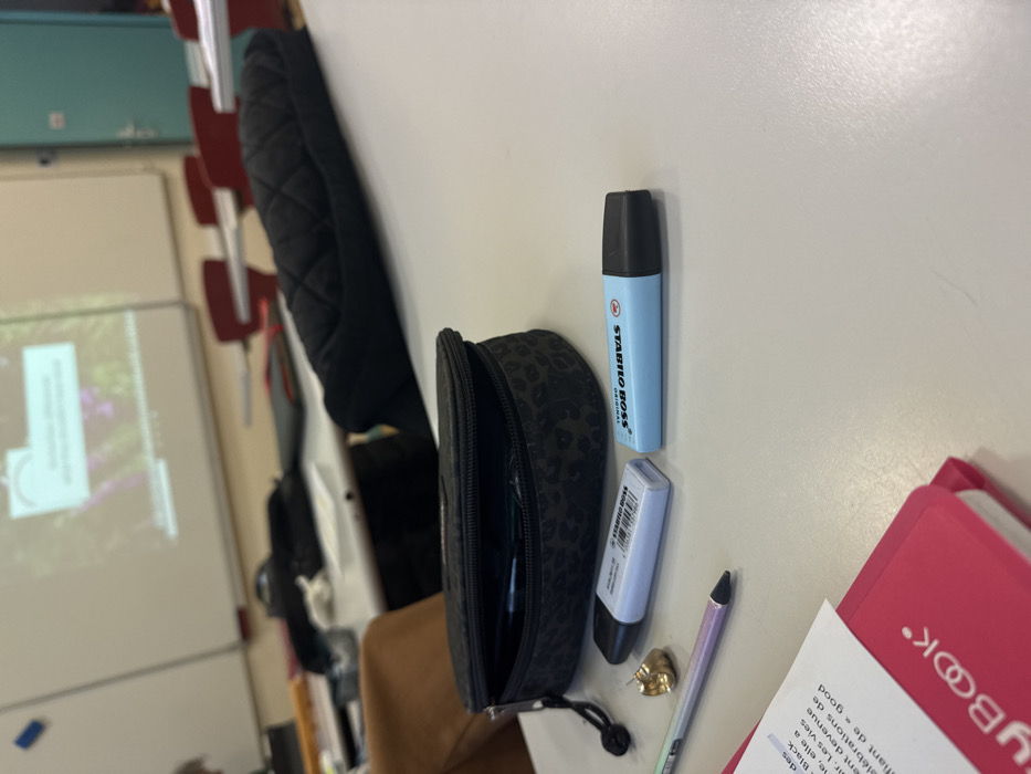 The image captures an interior view of a classroom or lecture hall in Albi, France, focusing on a desk in the foreground. On a light grey laminated desk surface, a partially unzipped black pencil case with a subtle dark leopard print pattern is positioned on the left. Two "STABILO BOSS ORIGINAL" highlighters lie horizontally to its right: one light blue with a black cap and one light purple with a white cap, displaying a barcode. A light purple pen with a black tip and clip rests horizontally to the left of the highlighters. Between the pen and the purple highlighter, a single, irregularly shaped gold-colored earring is present. In the bottom-left corner, a pink "MYBOOK" notebook is visible, with a page open displaying partial French text including "...des... Black ...elle a... Les vies ...devenue célébrations de ...fiant de - good".
In the mid-ground, a second light grey desk holds a black quilted bag or case. Behind this, several chairs with red backs are visible, receding into the background, along with a brown chair. The background features a large white whiteboard mounted on a wall, onto which a digital projector displays an image of foliage. Overlaid on the projected image is a white box containing partial French text, including phrases like "...différentes et leurs évolutions". A light teal door with a silver handle is visible on the far right of the frame. No individuals are clearly identifiable in the scene.