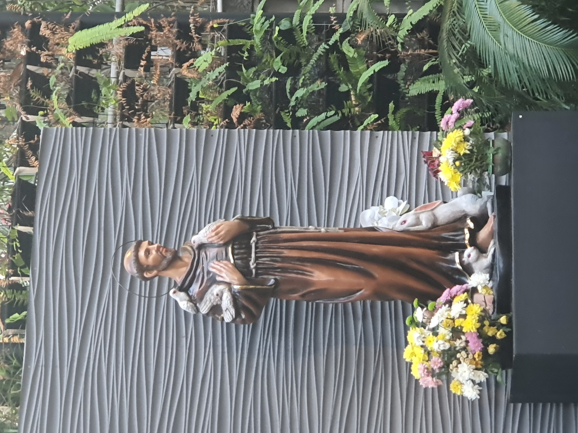 A full-shot, eye-level outdoor photograph shows a statue of Saint Francis of Assisi standing against a gray, wavy-patterned wall. The statue depicts Saint Francis wearing a brown habit, with a halo above his head. Two white doves are perched on his shoulders, and his hands are clasped over his chest. At the base of the statue, on the left, is a bouquet of colorful flowers, including yellow, pink, and white chrysanthemums. To the right of the flowers, and partially obscured by them, is a white rabbit statue. A second white rabbit is positioned in front of the statue's feet. To the right of the Saint Francis statue, a vertical garden featuring various green ferns and other plants is visible. The overall scene appears to be located in Central Jakarta, Indonesia.