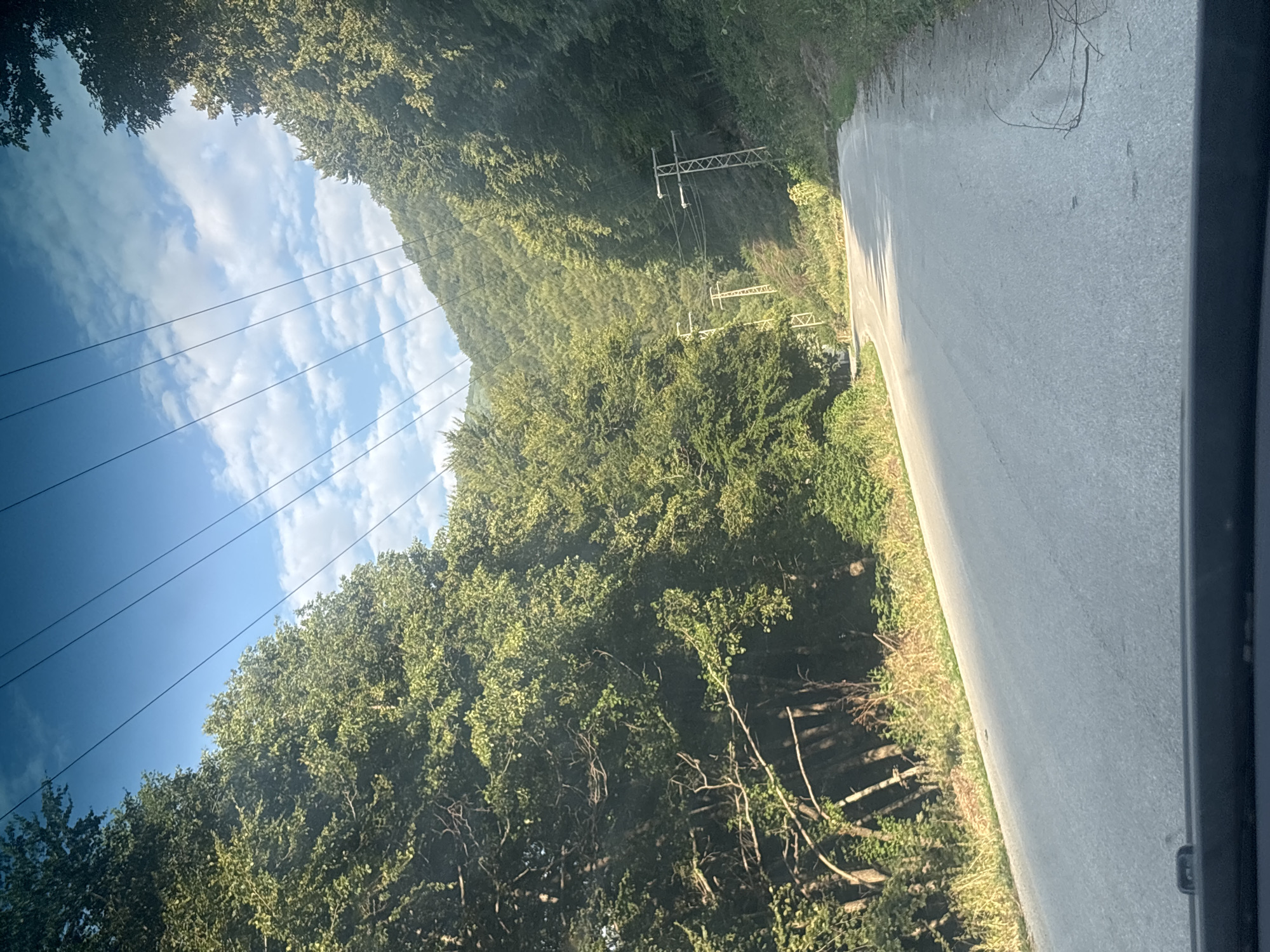 An asphalt road curves through a densely forested mountainside under a partly cloudy blue sky. Several power lines stretch diagonally across the frame from the upper left to the upper right, supported by utility poles. The trees are lush and green, with dense foliage. The road is empty of vehicles or pedestrians. The scene appears to be captured from a moving vehicle, given the perspective of the road in the foreground. The location is identified as Unknown, Unknown.