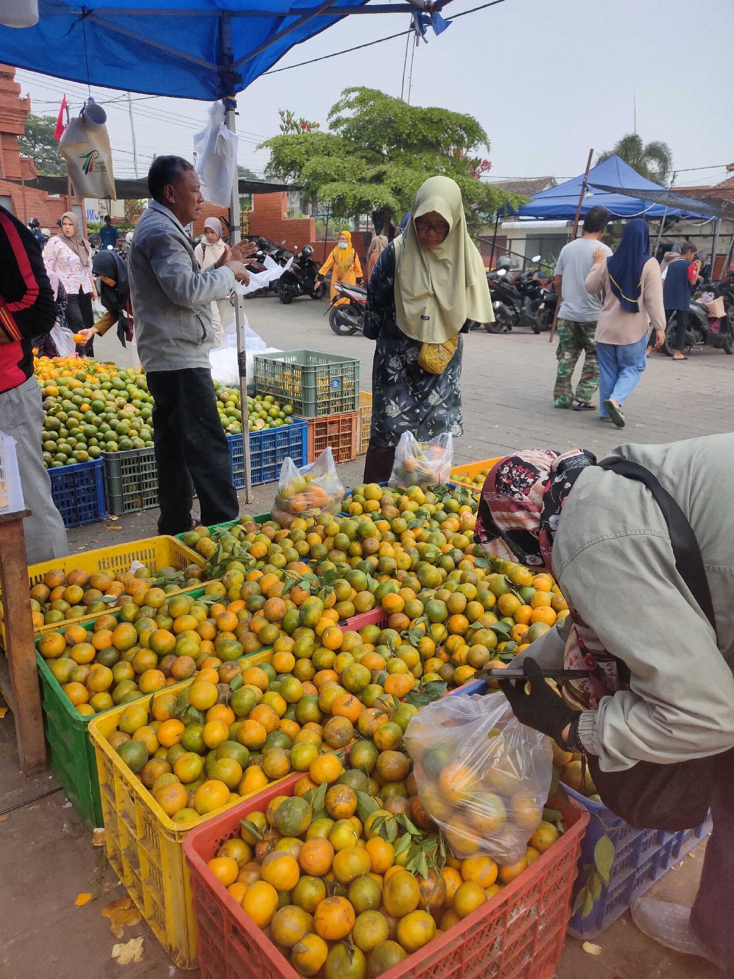 This is a medium shot photograph taken at an outdoor fruit market in Ngasem, Indonesia. The foreground is dominated by several large crates overflowing with oranges. One person, wearing a light gray jacket and black pants, is standing and gesturing with their hands, appearing to be interacting with a customer or vendor. Another person, wearing a light brown headscarf and a dark floral patterned dress, is partially visible behind them, also looking at the oranges. A third person, wearing a light gray jacket, black gloves, and a patterned headscarf, is crouched down, holding a plastic bag filled with oranges and a mobile phone. In the background, several other individuals are visible, including a woman in a light yellow hijab and an orange tunic, and a man in a light gray t-shirt and camouflage pants. Motorcycles are parked behind the stalls, and tents are set up, suggesting a busy market atmosphere. The ground appears to be paved, and some fallen leaves are scattered around. The lighting is bright, indicating it is daytime, likely under an overcast sky.