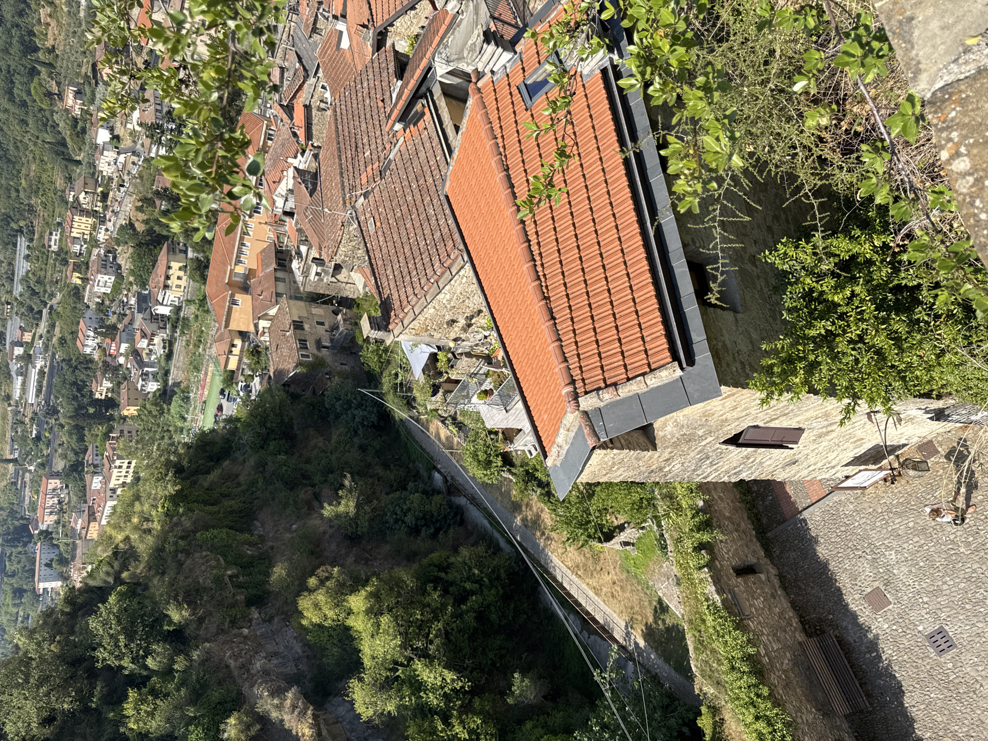 The image captures a high-angle view of a narrow, cobblestone alleyway in the historic medieval village of Dolceacqua, Italy. A stone wall with greenery growing along its top runs along the left side of the alley. A dark wooden bench is positioned against this wall, with a grate in the pavement in front of it. A lone person, seen from behind, wearing a white shirt and shorts, stands in the alley, facing away from the camera. Their legs and feet are visible. Further down the alley, a vintage street lamp is attached to a stone building. The alleyway leads towards a larger structure with a prominent orange-tiled roof in the foreground, which appears to be a building within the village. Beyond this, the image expands to show a dense collection of buildings with red-tiled roofs, characteristic of Italian villages, climbing up the surrounding hillsides. Lush green trees and vegetation cover the slopes, with a winding path or road visible in the distance. The overall impression is of a sun-drenched, ancient Italian village set amidst a verdant landscape.