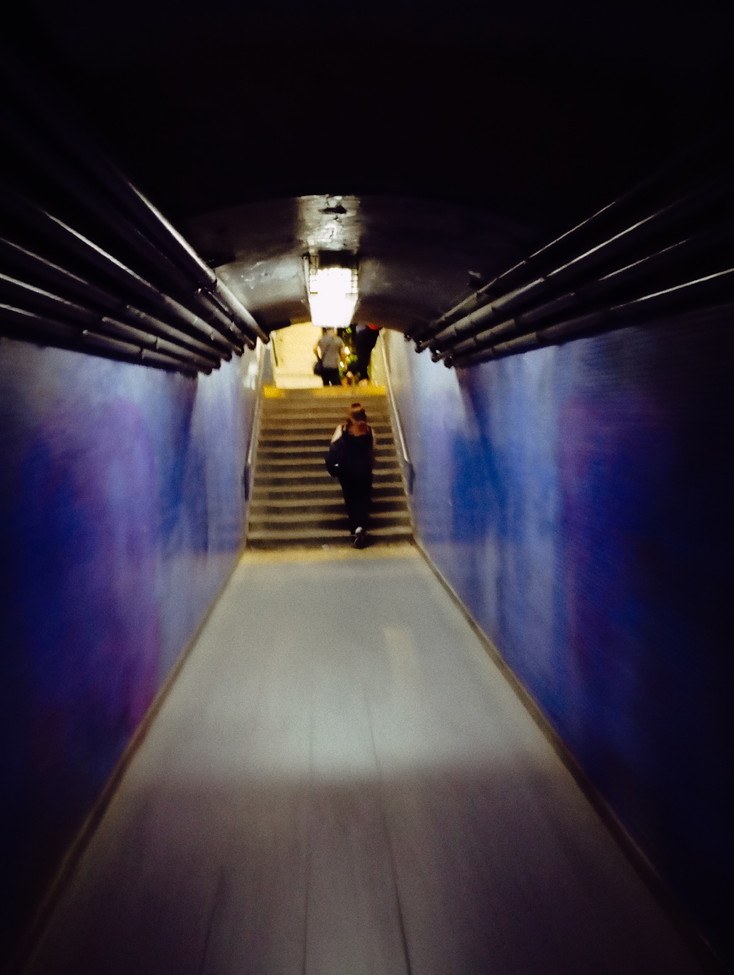 A blurry, downward-angle shot in a tunnel-like structure. The walls are bluish with purple hues, and multiple dark pipes run horizontally along the upper sections of the walls. A pedestrian pathway in shades of gray stretches towards a set of stairs leading upward to a brighter area where several figures are visible. A woman is walking up the stairs, partially obscuring the other figures. A square light fixture is attached to the roof above the stairs.
I don't have enough information to make a specific identification of the location in Buenos Aires, Argentina.