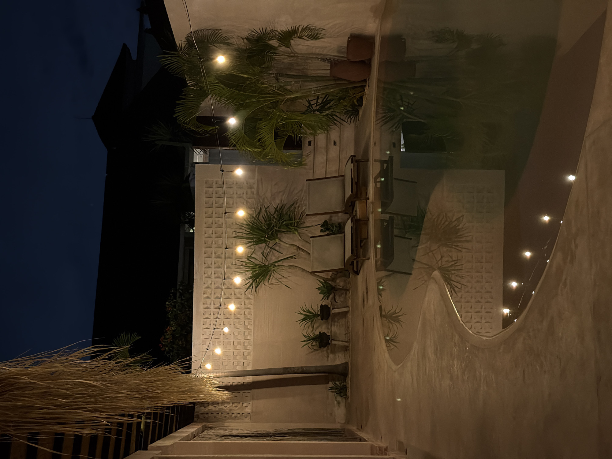 The photograph depicts an outdoor lounge area at night in North Kuta, Indonesia. The space features a pale wall with a patterned, breezeway design. A string of lights hangs vertically along the wall. Various plants, including palm trees and smaller potted greenery, are strategically placed throughout the area. Wicker furniture sits on a patio, while tall, dried grasses are positioned along a fence in the foreground. A reflective pool is visible, mirroring the surrounding plants and lights. In the background, a dark building contrasts with the lit patio. The lighting is soft, creating a relaxed ambiance.