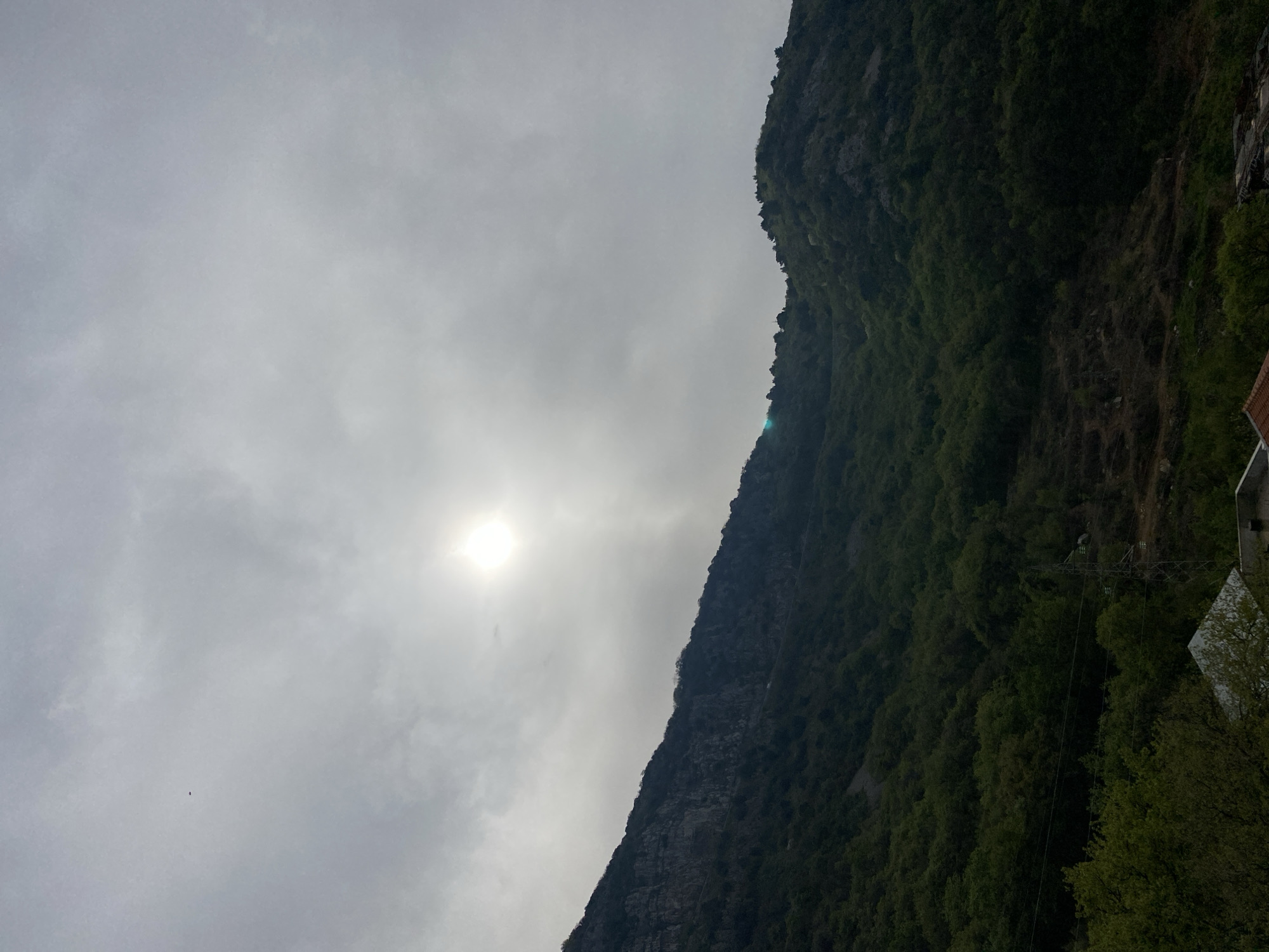 The image shows a mountain landscape under a cloudy sky, likely taken near Budva, Montenegro. The sun is visible through the clouds. A steep, densely vegetated mountain slope occupies the right side of the image. A series of utility poles and power lines are visible amongst the trees. The sky is overcast.