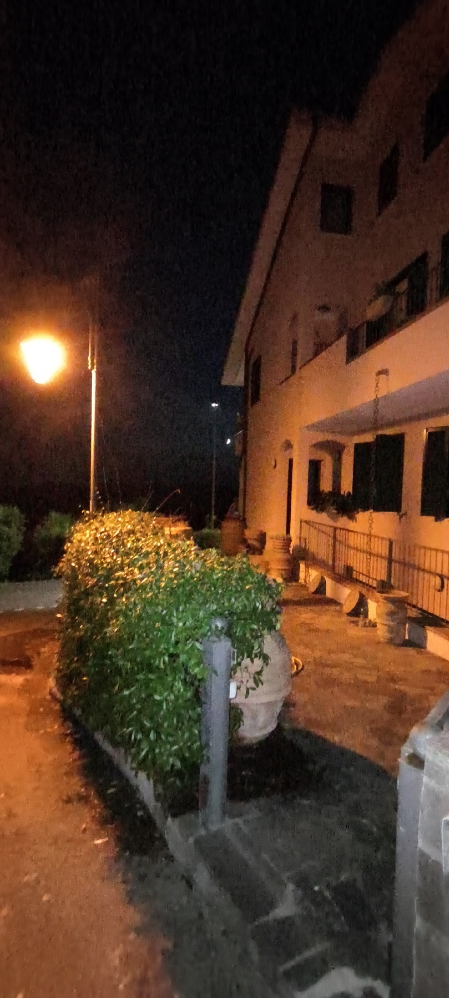 The image depicts an outdoor scene at night, possibly in a residential area or a commercial establishment in Campagnatico, Italy. A well-lit street lamp illuminates a portion of the foreground with a bright orange glow. To the left, a dense, green hedge is prominent, casting shadows on the wet ground. A large, earthy-toned pot is partially visible behind the hedge.

In the background, a building with an illuminated facade is visible. The building appears to be multi-story, with windows and balconies. A metal railing lines a balcony or walkway on the building's exterior. The overall lighting suggests it is nighttime, with artificial light sources dominating the scene. There are no people or animals visible in the image, and no discernible actions or interactions are taking place. The environment appears to be paved, with indications of recent rain or dampness on the ground.