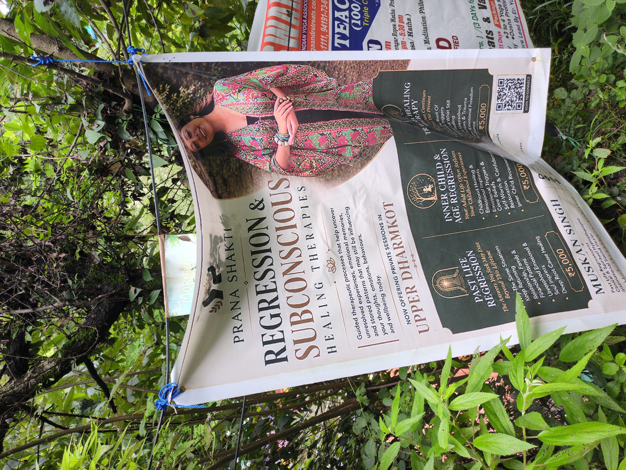 A banner advertising "Prana Shakti Regression & Subconscious Healing Therapies" is hanging from a tree in Bhagsu, India. The banner features a smiling woman in colorful attire, and details various healing services such as Past Life Regression and Inner Child & Age Regression. Below these sections, the price of ₹5,000 is listed for each service. The banner is attached to a wire strung between trees, and other partially visible banners are present in the background. The surrounding environment consists of lush green foliage and tree branches. A QR code is also visible on the banner.