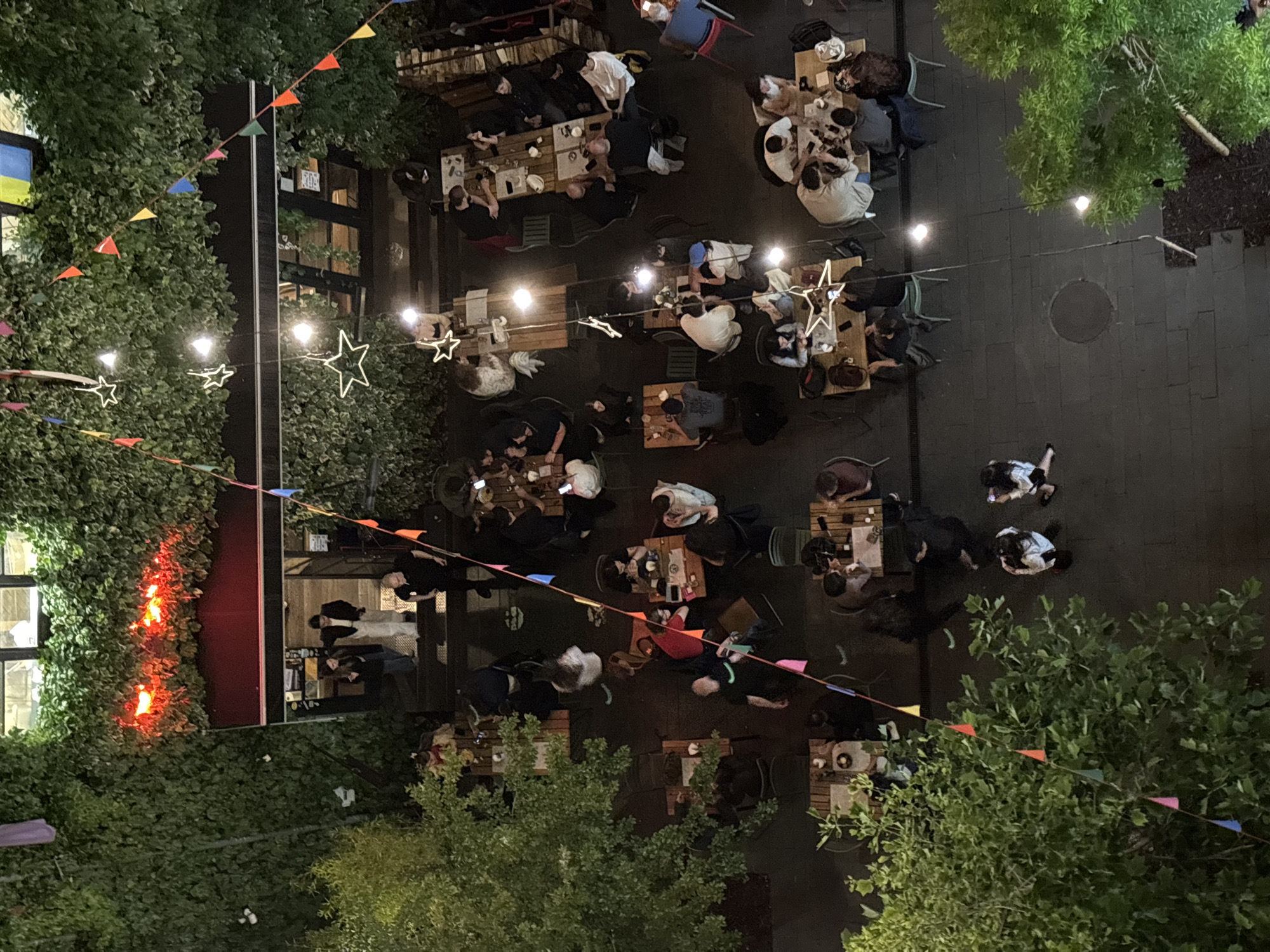 An aerial view shows an outdoor courtyard restaurant in Tbilisi, Georgia. The courtyard is filled with tables and chairs, occupied by people dining and socializing. The space is decorated with string lights, including star-shaped lights, and colorful pennant banners stretched overhead. Lush greenery surrounds the courtyard, with plants covering building walls and trees bordering the space. Pedestrians are walking through the courtyard.
