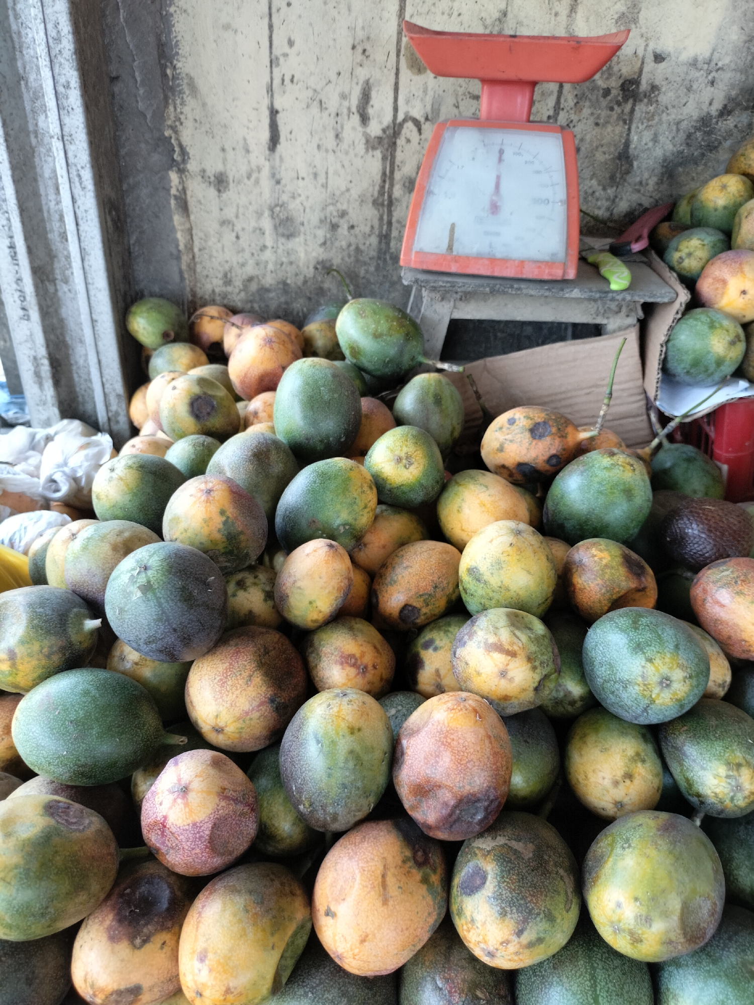 A pile of ripe passion fruits is displayed in front of a weathered, yellow-stained concrete wall at a market in Kotapantonlabu, Indonesia. The fruits, varying in shades of green, yellow, and orange, are arranged in a dense mound. To the right of the fruits, a red mechanical scale rests on a wooden stool, with a small pink knife and a green object beside it. The background shows a corrugated metal wall on the left and a brown cardboard box on the right.