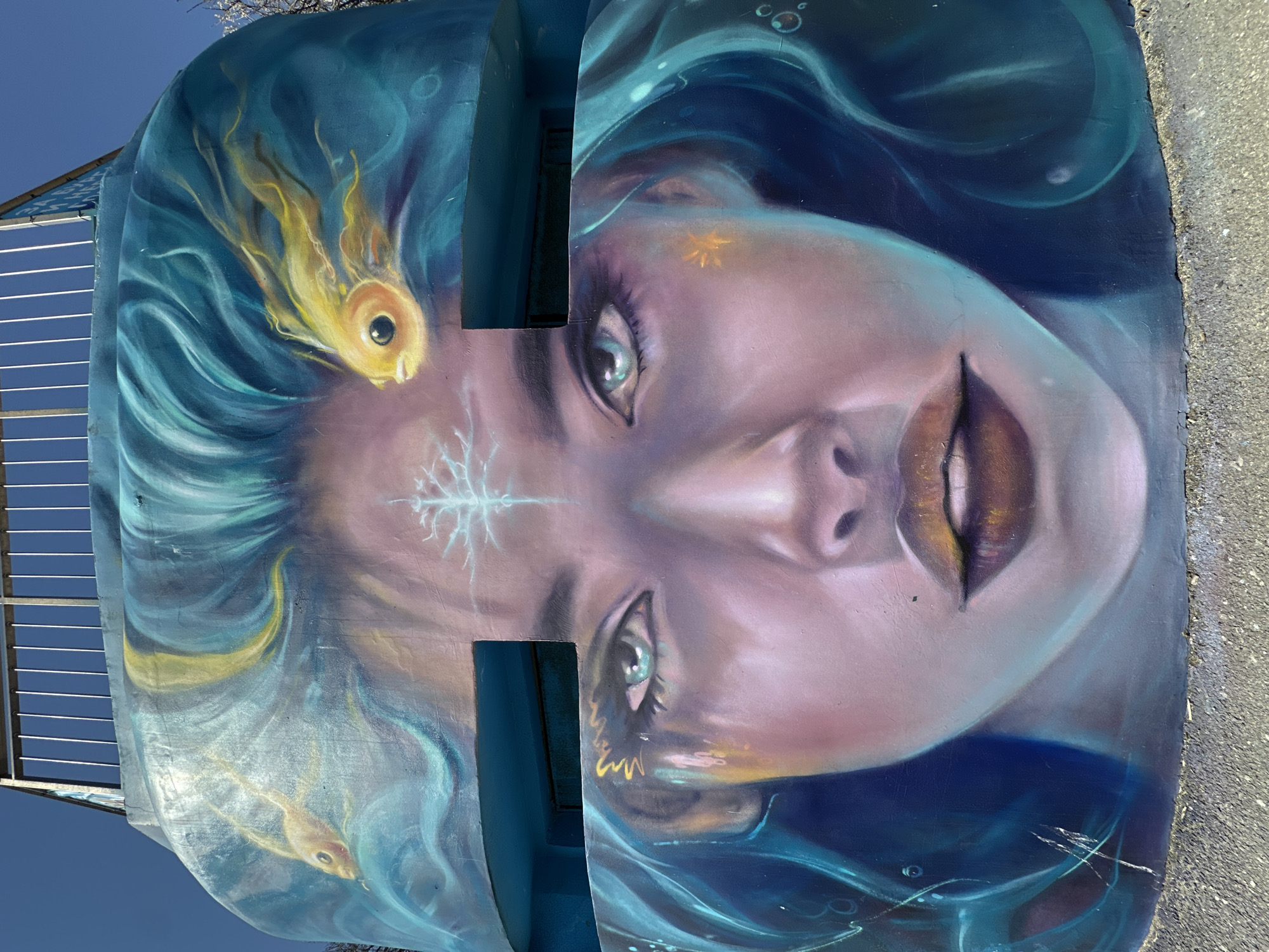 Here's a description of the image:
The image is a close-up of a mural painted on a structure. The mural depicts the face of a woman with flowing, blue-green hair that blends with water-like swirls and is adorned with a couple of fish. The woman has light skin, pinkish undertones, and detailed facial features, including large eyes, full lips, and a snowflake-like design on her forehead. The artwork style is reminiscent of fantasy or surrealist art. The structure on which the mural is painted is blue. The structure and mural are located in Burgas, Bulgaria.