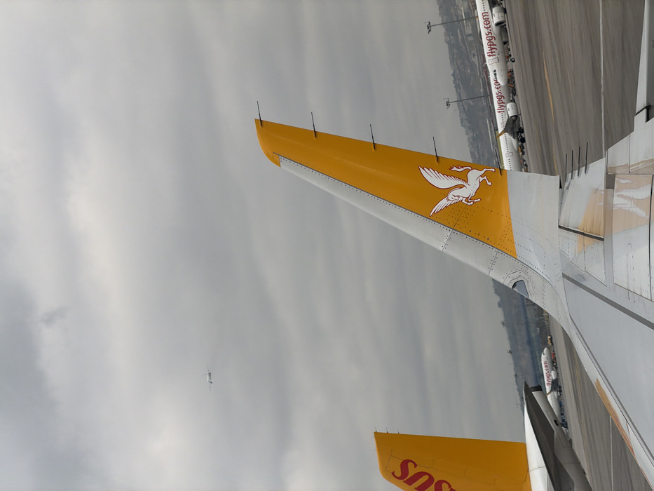 A forensic examination of the image reveals a partial view of an airport tarmac scene, presumably at Sabiha Gökçen International Airport, located near Tuzla, Istanbul, Turkey.
In the foreground, the right wing and yellow vertical stabilizer of a white Pegasus Airlines aircraft are prominently displayed, viewed from an interior window. The vertical stabilizer features a white Pegasus logo and the airline's name, "PEGASUS," is partially visible on an adjacent tail fin to the left. The aircraft's wing surface shows minor dirt accumulation.
In the mid-ground, several other white Pegasus Airlines aircraft, identifiable by their yellow tail fins and "flypgs.com" branding on their fuselages, are parked on an asphalt tarmac. Yellow line markings are visible on the tarmac surface.
The background features a distant, rolling green hill, topped with multiple tall light poles and indistinct urban or industrial structures. The sky above is uniformly overcast with a dense layer of light grey clouds. A small, white aircraft is discernible in the upper left quadrant of the sky, appearing to be in flight or on approach/departure. No individuals are visible within the frame.