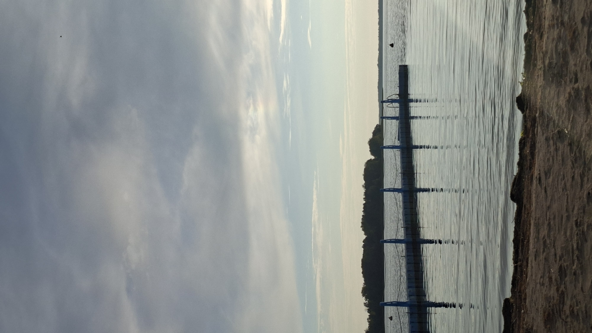 The image shows a calm lake with a long floating dock extending into the water. The dock is equipped with blue railings and posts, and it appears to be a place for swimming or launching boats. The water is still, reflecting the overcast sky and the distant tree line on the opposite shore. A sandy beach occupies the foreground of the image. The sky is a pale gray with wispy clouds. The scene suggests a peaceful and serene environment. The location is identified as the city of Myadzyel, Belarus.