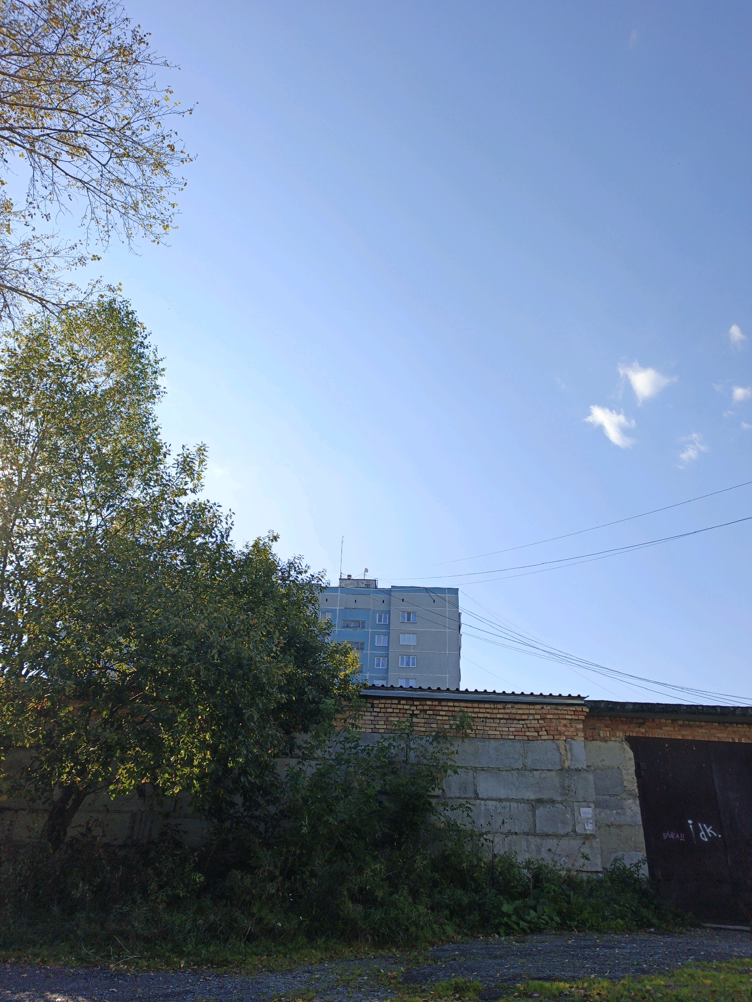 The image depicts a view of an apartment building in Zlatoust, Russia, seen over a low, rough brick and concrete wall. The apartment building, a pale blue, multi-story structure with visible windows, stands against a clear, pale blue sky. A large tree with green leaves is in the foreground, partially obscuring the view. The wall is topped with corrugated metal and has a dark metal garage door on the right side, which is graffitied. The ground in front of the wall is covered with gravel and sparse vegetation. Overhead, power lines crisscross the sky, and a few wispy clouds are present. The overall impression is of an urban environment with elements of nature and decay.