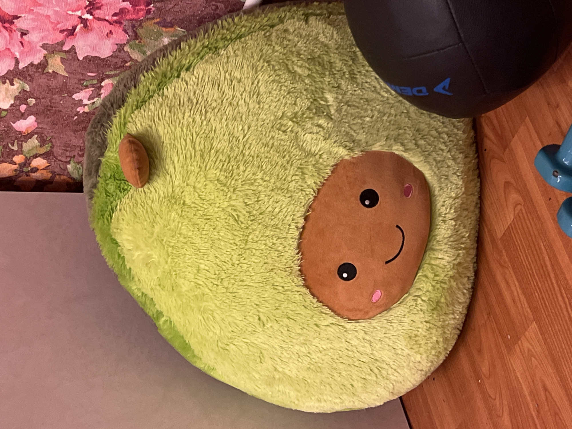A plush avocado toy sits on a wooden floor. The toy is large and light green, with a brown pit featuring embroidered eyes, rosy cheeks, and a smiling mouth. A smaller brown piece resembling a stem rests on top of the avocado. To the right of the toy is a black medicine ball with blue lettering. In the background, a wall is visible with a floral pattern in shades of pink and purple. The scene appears to be indoors, likely in a residential setting within Krasnoe-na-Volge, Russia, given the context provided.