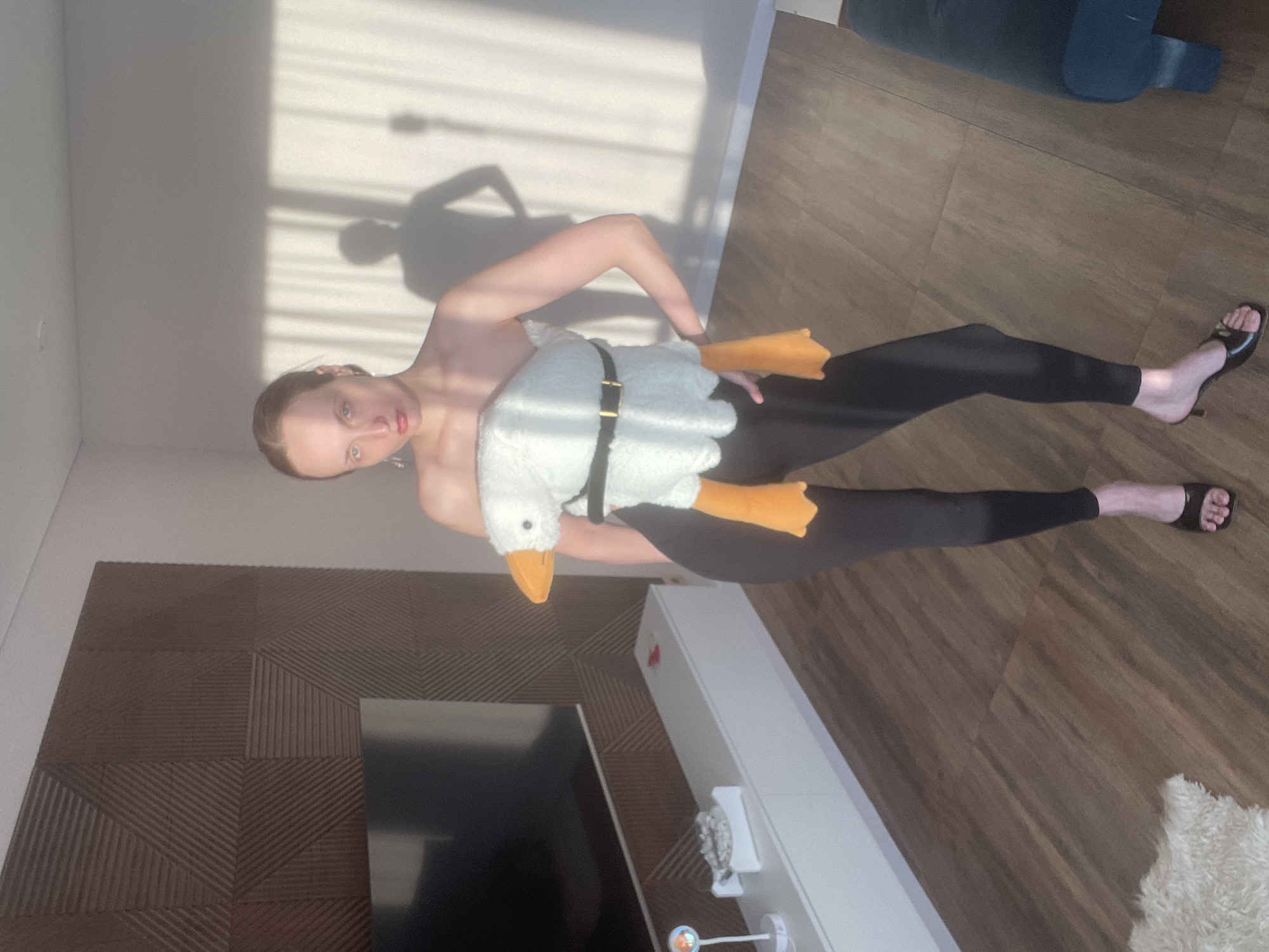 A young woman is depicted standing in a modern living room, holding a large white goose plush toy. The image is taken from a slightly low angle, showing her full body. She has light hair, pulled back, and is wearing a strapless top and black leggings, paired with black open-toed high heels. Her expression is neutral, looking directly at the camera.
The goose plush toy, which has an orange beak and webbed feet, is positioned across her midsection and is secured with a black strap or belt.
The room features a light brown wood or laminate floor and light-colored walls. Strong, direct sunlight streams through a window, casting distinct geometric shadows of window frames onto the back wall, suggesting it is daytime with clear weather. A large, dark flat-screen television is visible on the lower left, mounted against a textured brown wall panel with a geometric pattern. To the right of the woman, a long white media console holds several decorative items, including a small, iridescent sphere on a stand and a shiny, textured object. A dark blue sofa or chair is partially visible in the upper right background, and a fluffy, light-colored rug is seen on the floor in the lower right. The overall setting is a well-lit, contemporary indoor space, likely a living room in Подшивалово, Russia. No visible text is present in the image.