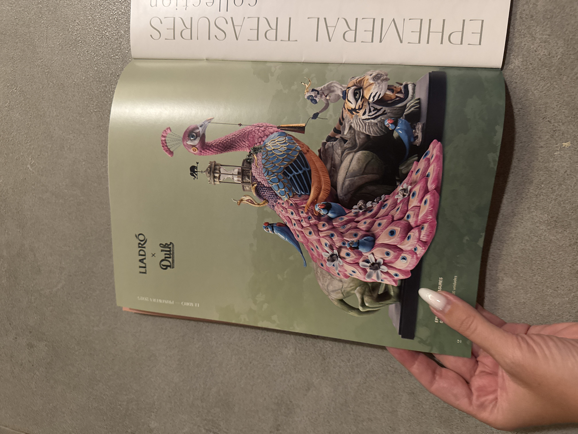 A person's hand, featuring a long, glossy white manicured fingernail on the thumb, holds an open booklet or catalog. The booklet is tilted and rests on a textured, grey surface, possibly a floor or table.
The open page of the booklet showcases an intricate, fantastical figurine against a muted green background. The central piece of the figurine is a large, vibrant pink peacock with detailed blue and gold feathers on its wings and body. Its expansive tail is adorned with smaller blue birds and delicate white, flower-like embellishments. A miniature lighthouse-like structure is visible on the peacock's back. To the right and slightly behind the peacock, a striped tiger-like creature is prominently featured, appearing to sit on a rocky formation. Perched on the tiger's back is a small, white, monkey-like figure with horns.
Visible text on the booklet page includes the prominent collaboration branding "LLADRÓ x Dulk". Other readable text includes "LLADRO - PRIMAVERA 2025", suggesting a Spring 2025 collection, and "EPHEMERAL TREASURES Collection". Some partial text like "ASURES" and "unidades" is also discernible.
The scene captures someone browsing or presenting the detailed artistic piece from the collection. This image was captured in Kuta Selatan, Indonesia.