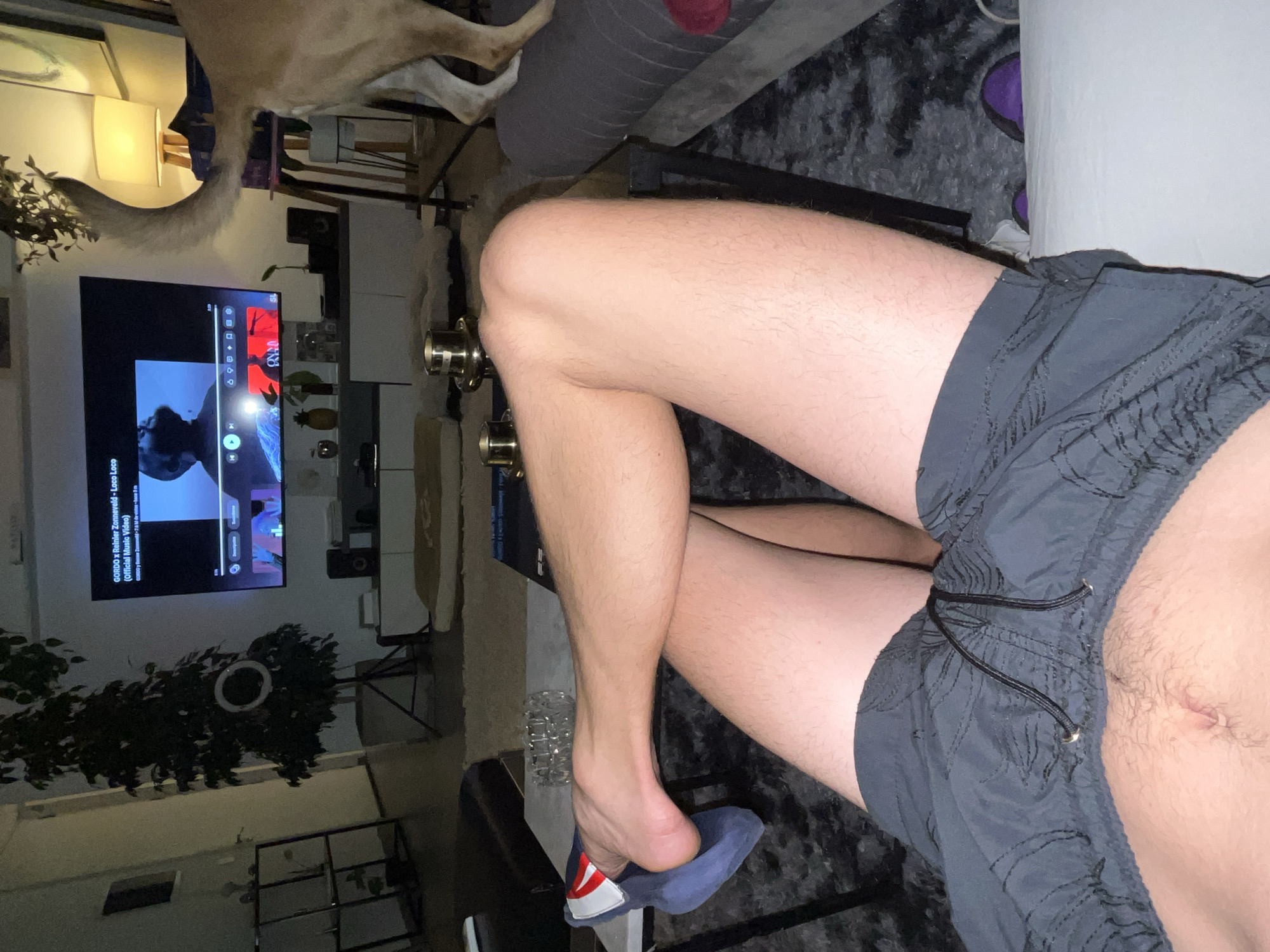 The image shows a person's lap with crossed legs, wearing gray patterned shorts and a blue slipper on the visible foot. A television screen in the background displays content, next to a plant. The image is rotated. Without more context, it is not possible to determine the precise location in Buenos Aires, Argentina.