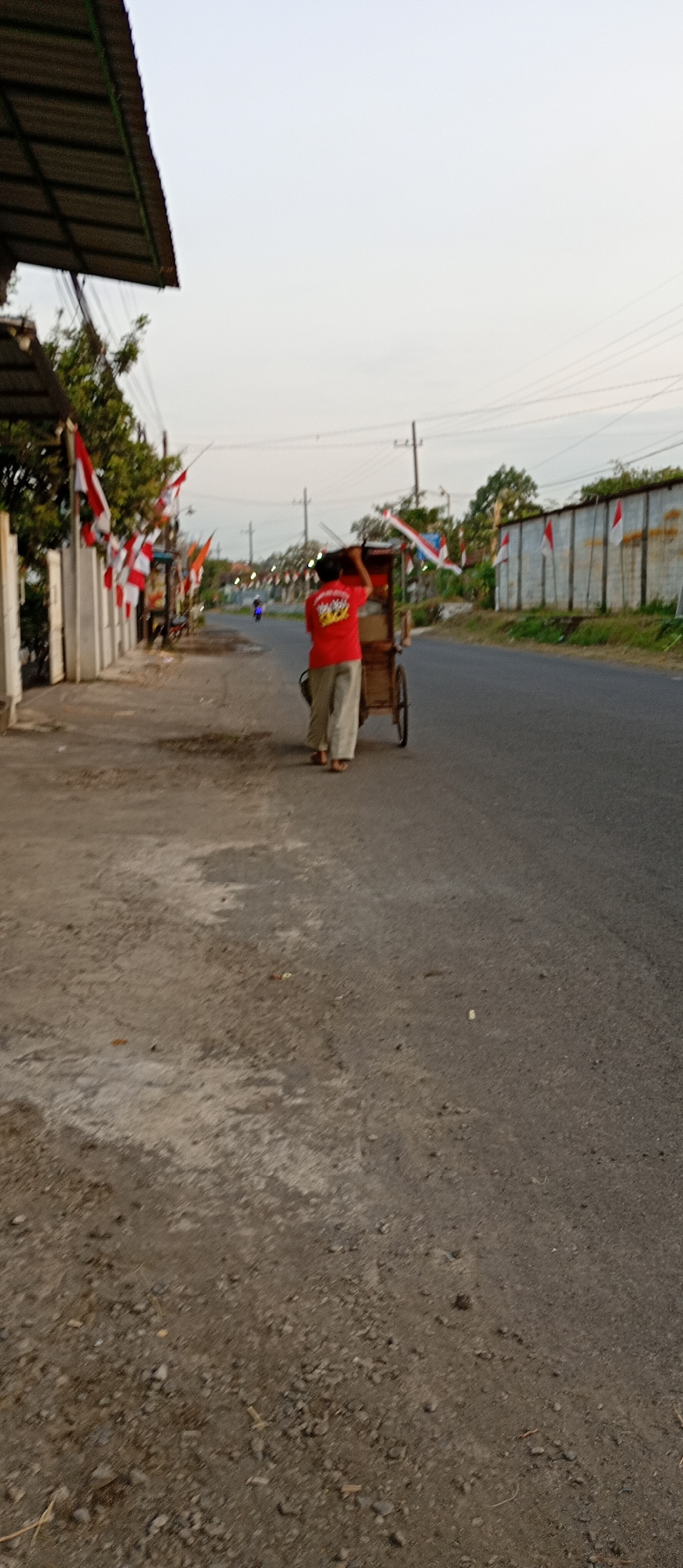 In Gending, Indonesia, a person in a red shirt and light-colored pants pushes a wheeled cart along a paved road. The cart is adorned with Indonesian flags. The scene is set against a backdrop of buildings and trees, with more Indonesian flags lining the roadside. The sky is overcast, and the overall impression is that of a street scene during a national celebration or event.