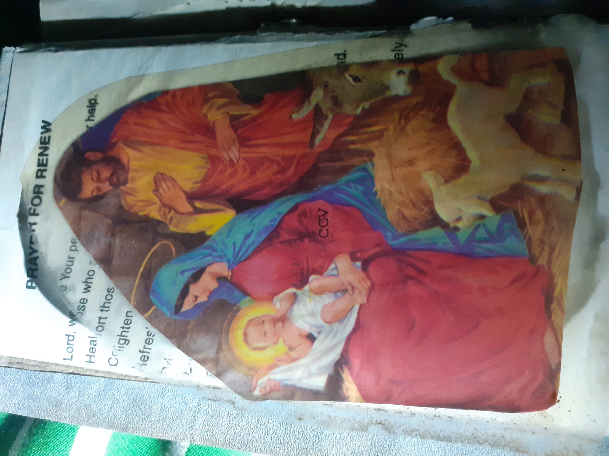 The image is a close-up, slightly tilted shot of a prayer card that has been affixed to the inside of a book cover. The prayer card depicts a religious scene, likely the Nativity, with the Virgin Mary holding the baby Jesus, and Joseph standing behind them. Animals, including a donkey and a lamb, are also present. The prayer card is partially torn and shows signs of wear. Text is visible around the prayer card. The words "PRAYER FOR RENEW" are at the top. Below this, on the left, are lines of text that appear to be part of a prayer: "Lord, we who a", "Healort thos", "Coighten", and "Refres'". To the right of Joseph, the words "r help." are visible. Further down, near the animals, are the partial words "nd." and "ely.". The prayer card itself has "CCV" printed on Mary's dress. The book cover is textured and appears to be a light grey or white material. A section of a green and white striped fabric is visible on the left edge of the image. The overall setting is informal, as the prayer card is applied to the inside of a book. The specific location in Jalingo, Nigeria, is not directly evident from the visual information provided in the image.